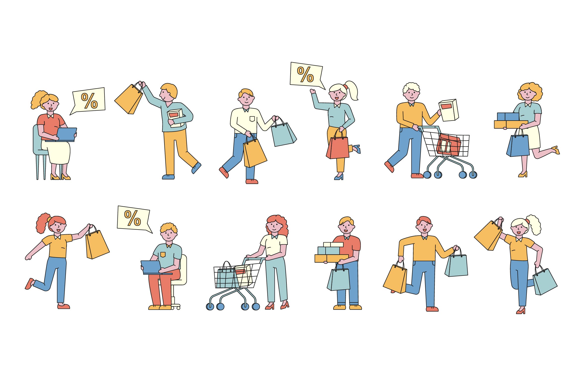 购物狂人人物形象线条艺术矢量插画第一素材精选素材 Shoppers Lineart People Character Collection插图