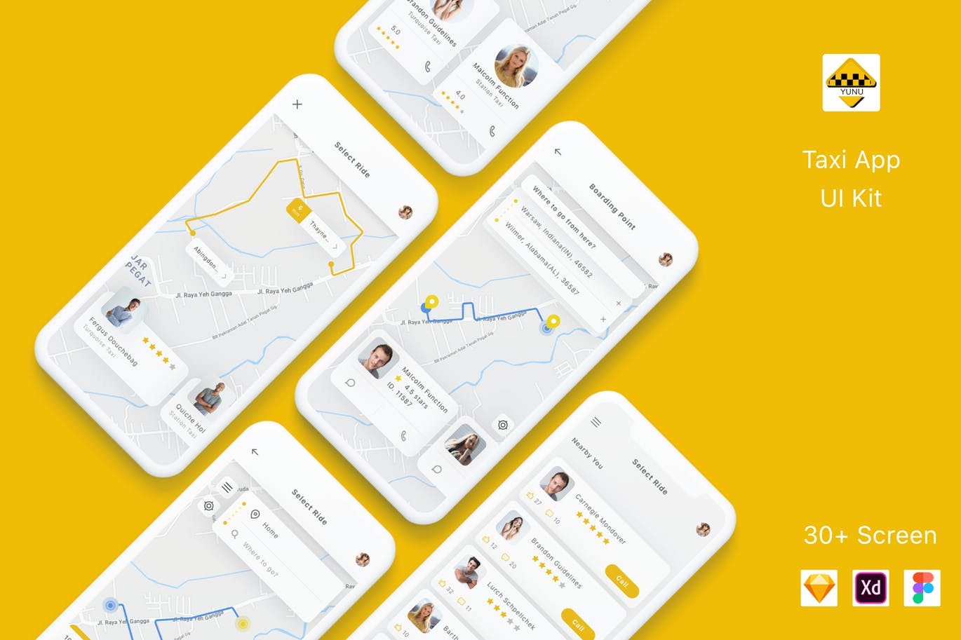 出租车预约平台APP交互界面设计第一素材精选套件 Yunu – Taxi App UI Kit插图