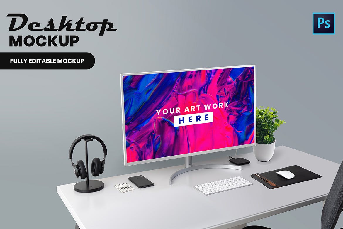 现代简约办公桌电脑高清屏幕预览第一素材精选样机 Desktop Mockup插图(1)