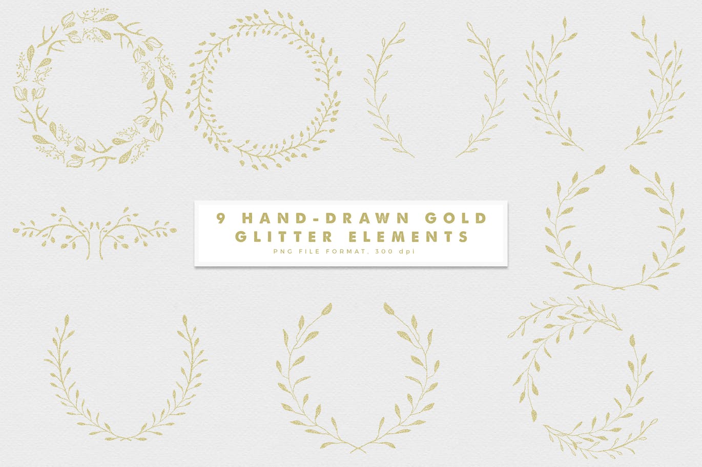 9款粉金色彩手绘有机植物图案剪贴画v3 Gold-3 Glitter Hand Drawn Elements插图