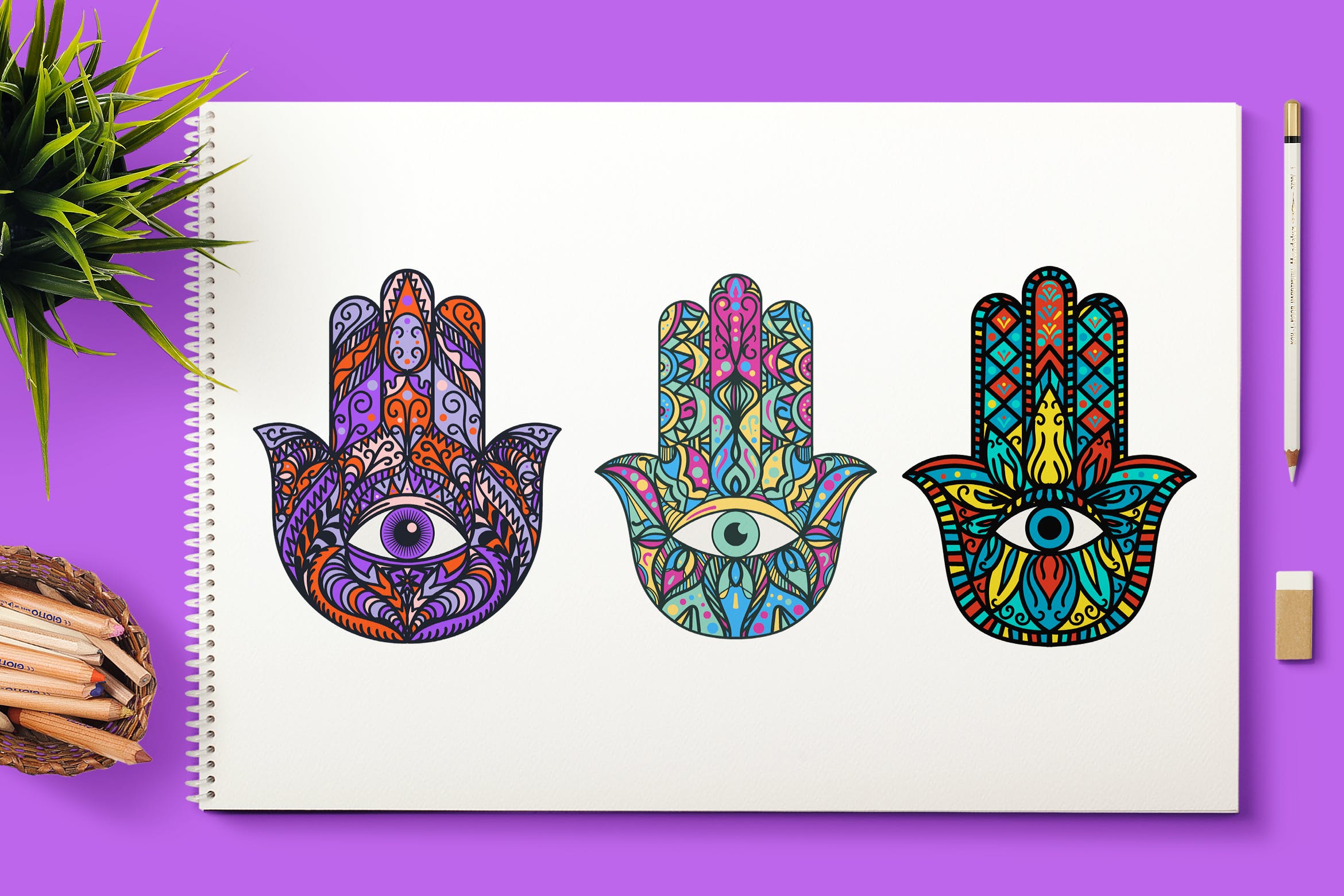 曼陀罗涂鸦着色民族文化装饰图案剪贴画素材 Bright Hamsa Hands Cliparts Set插图