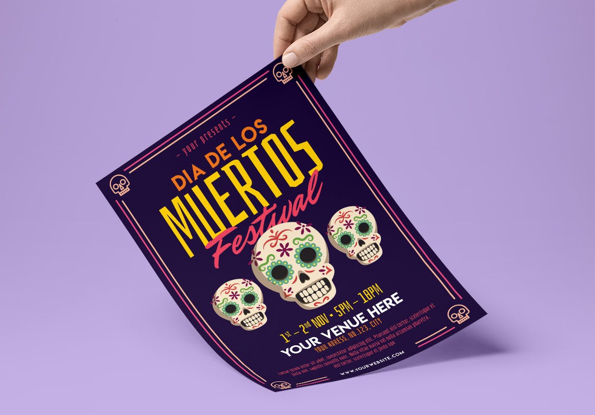 墨西哥亡灵节庆祝活动海报传单第一素材精选PSD模板 Dia de los Muertos Flyer插图(1)