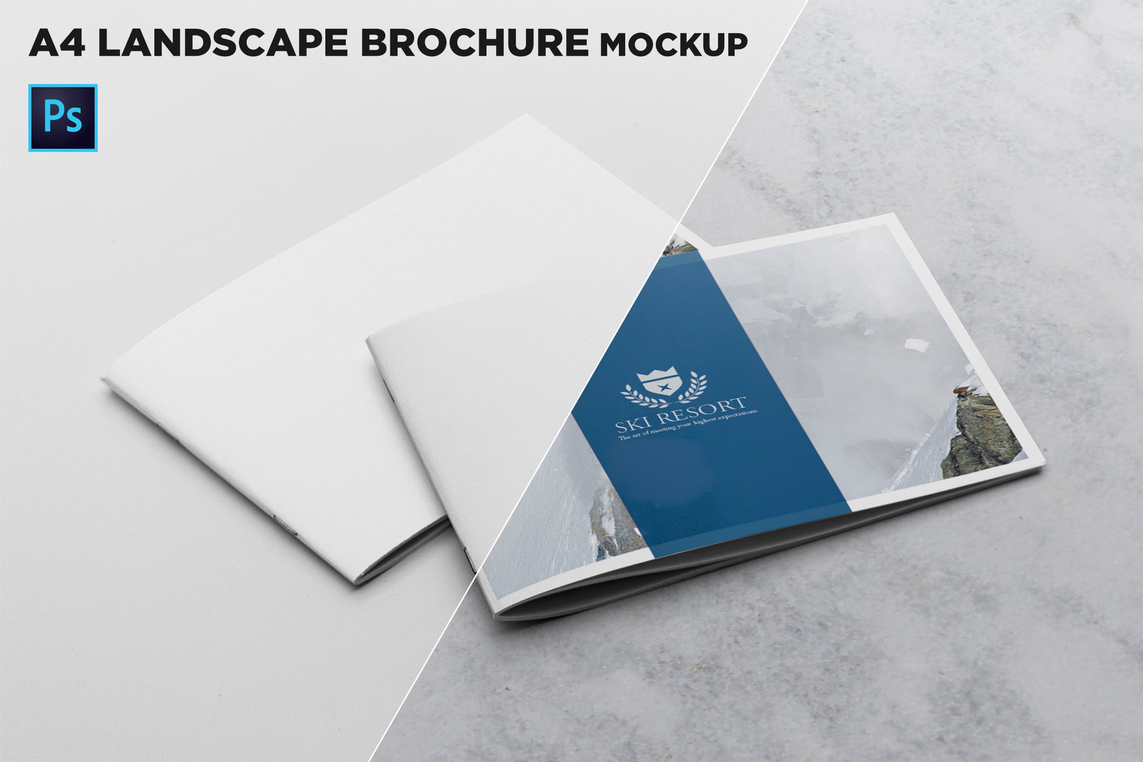 宣传画册/企业画册叠放效果图样机蚂蚁素材精选模板 2 Covers Landscape Brochure Mockup插图
