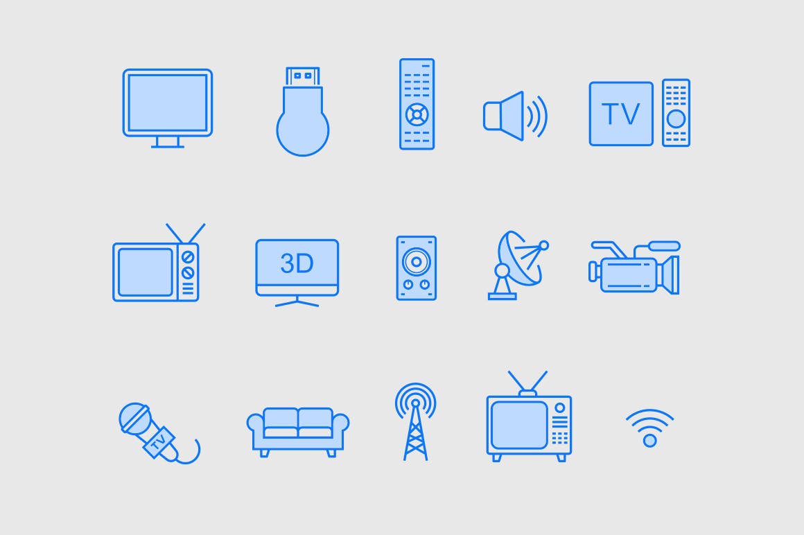 15枚TV&电视设备矢量线性第一素材精选图标 15 TV & Television Icons插图(1)