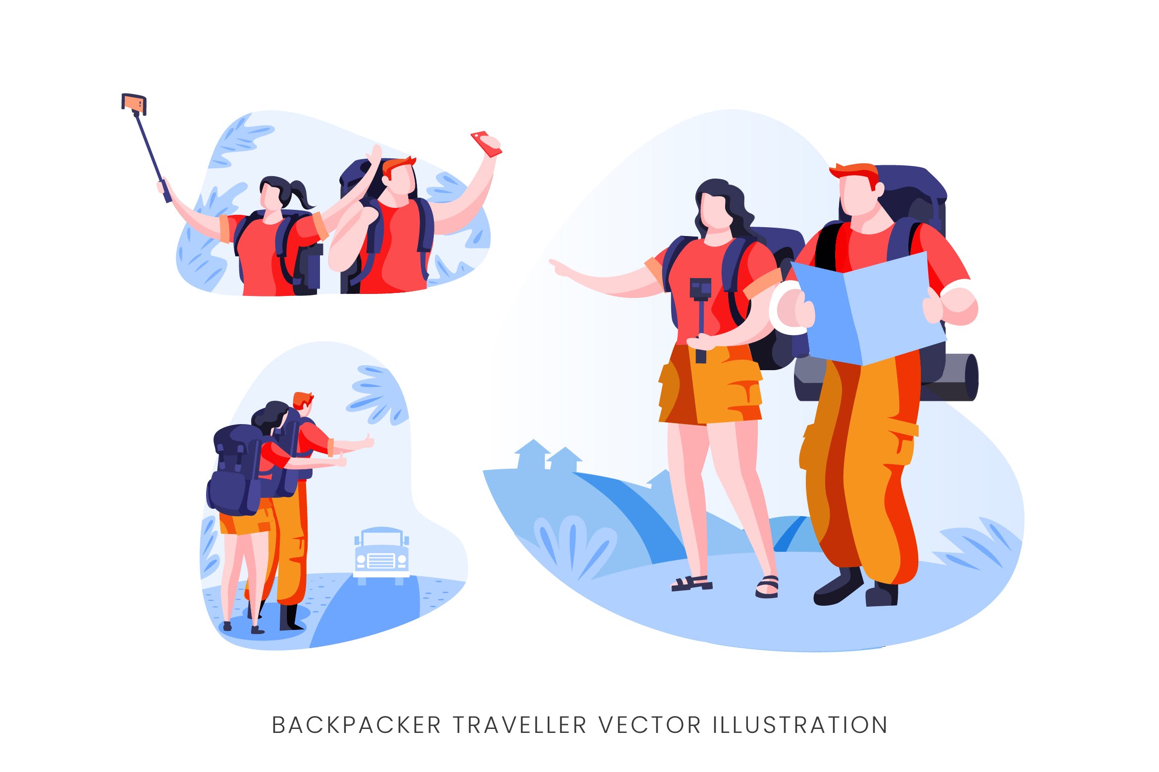 背包旅行者人物形象矢量手绘素材 Backpacker Traveller Vector Character Set插图