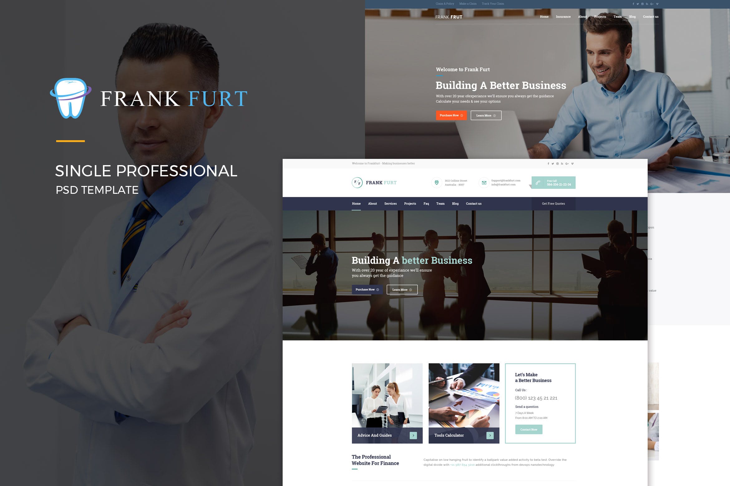 金融/保险/房地产/医疗多行业适用网站设计PSD模板 FrankFurt : Single Professional PSD Template插图