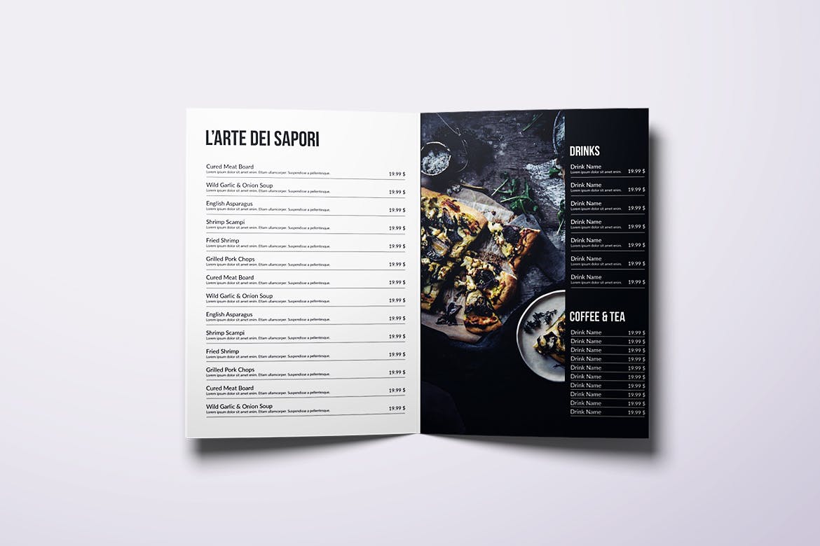 现代极简设计风格折页披萨大洋岛精选菜单模板 Minimal Modern Bifold A4 & US Letter Food Menu插图2