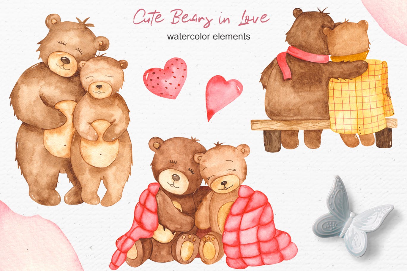 水彩可爱熊手绘图案剪贴画＆卡片素材 Watercolor cute bears in love. Clipart and cards插图1
