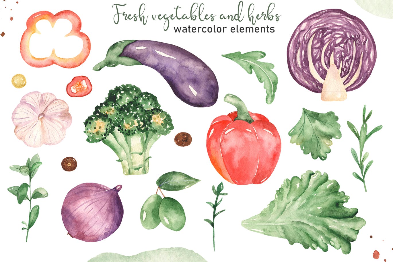 水彩手绘蔬菜＆草药剪贴画素材包 Watercolor vegetables and herbs Collection clipart插图2