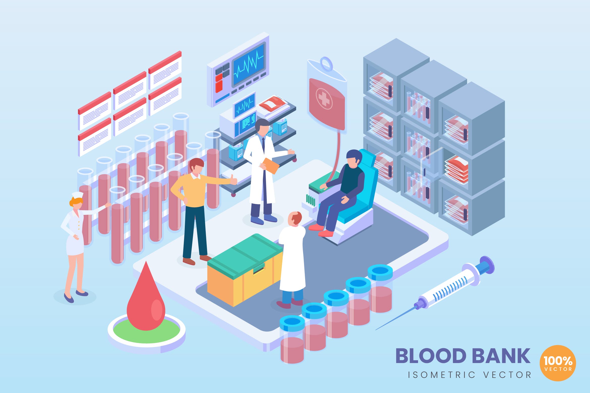 现代血库存储技术主题等距矢量第一素材精选科技概念插画 Isometric Blood Bank Vector Concept插图