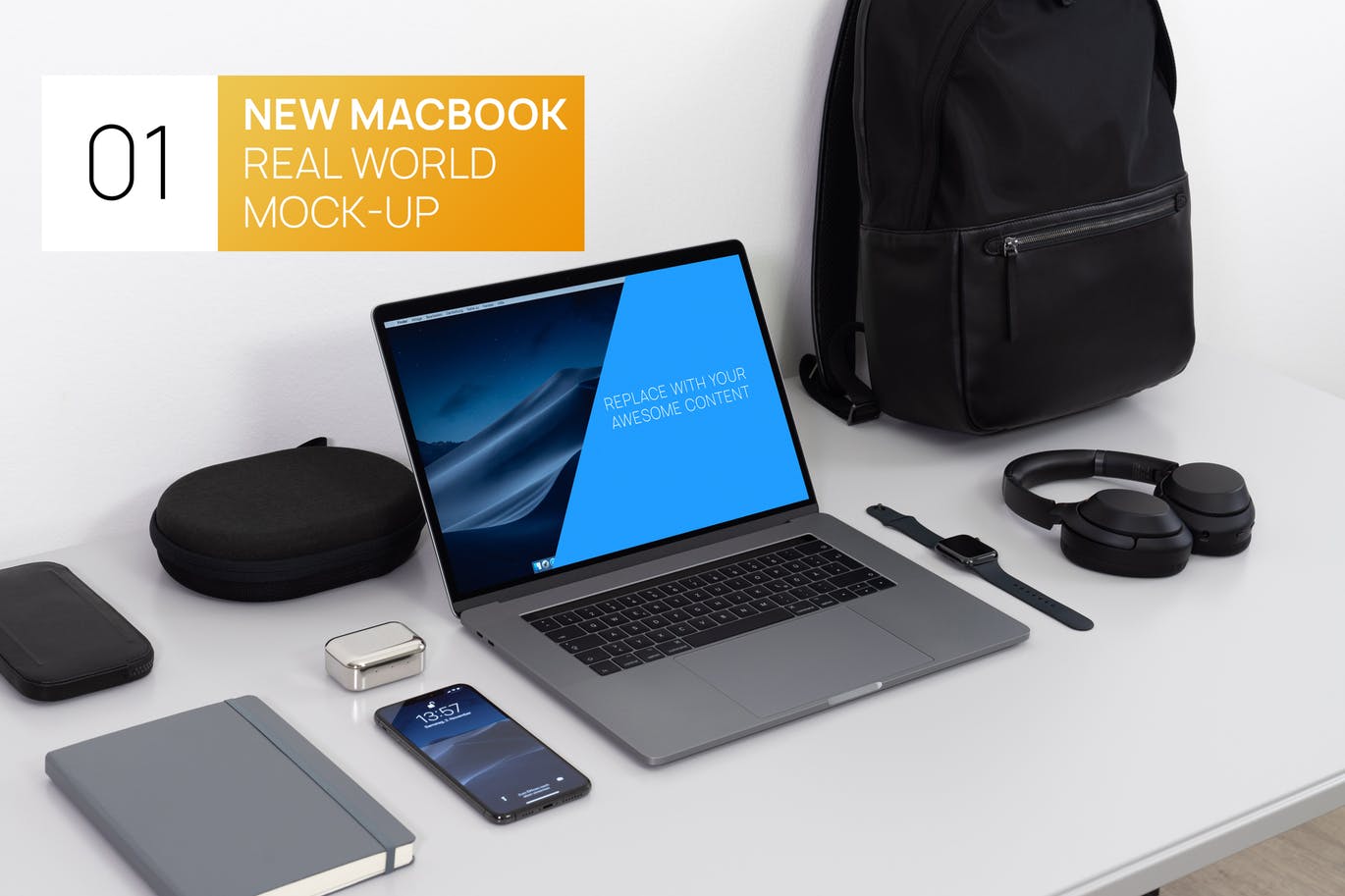 EDC清单15寸MacBook笔记本电脑蚂蚁素材精选样机模板 New MacBook 15 Touchbar Real World Photo Mock-up插图