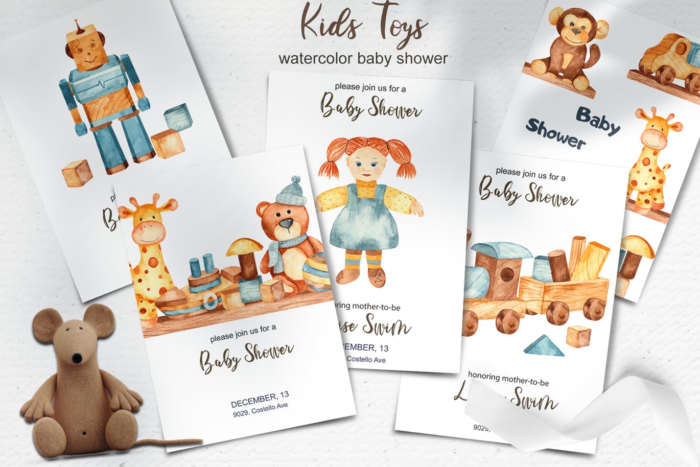 儿童玩具水彩画剪贴画/卡片/图案素材包 Watercolor kids toys. Clipart, cards, patterns插图(5)