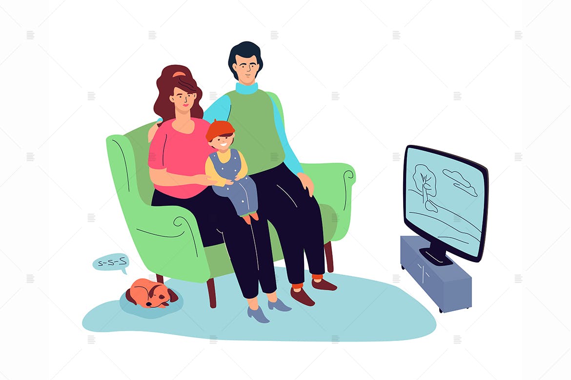 家庭看电视场景扁平设计风格矢量插画 Family watching TV flat design style illustration插图
