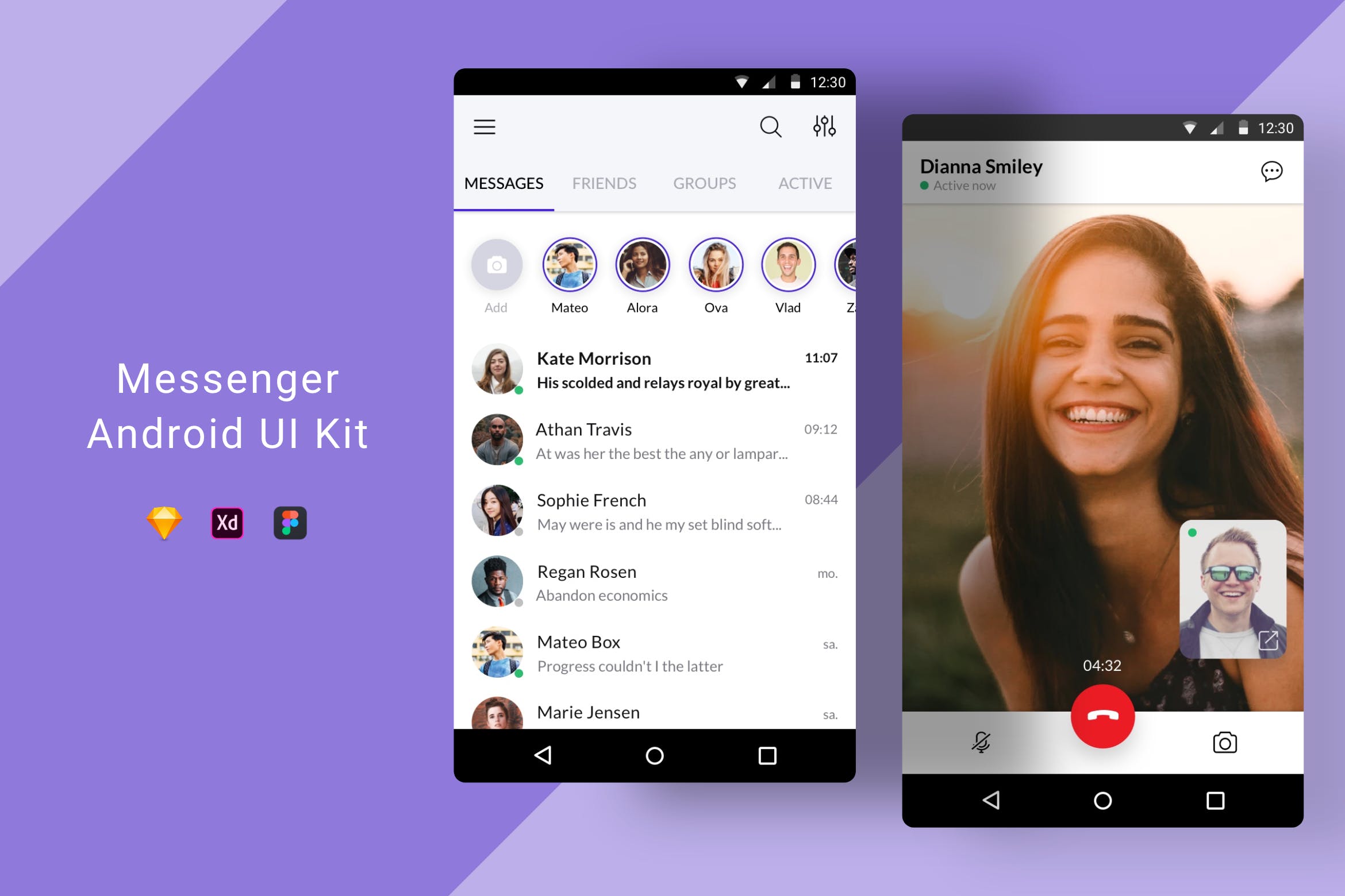 Android平台社交APP好友列表&视频通话界面设计第一素材精选模板 Messenger Android UI Kit插图