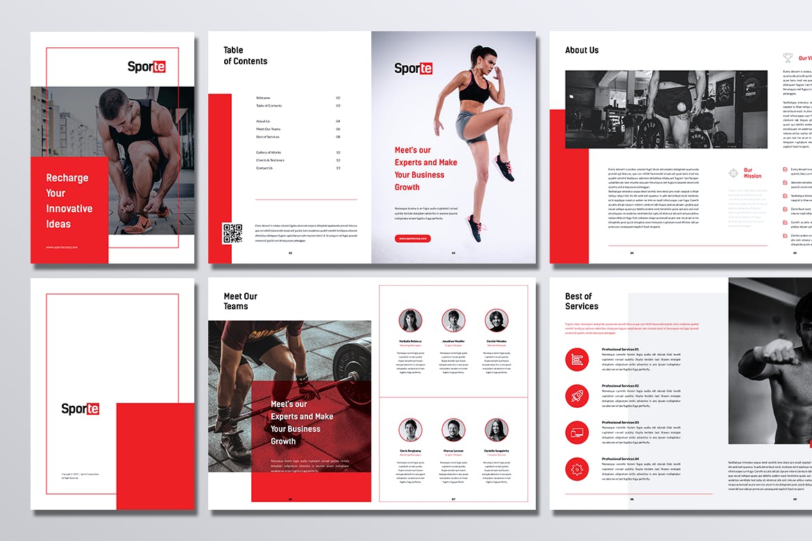 健身体育运动俱乐部宣传画册排版设计模板 SPORTE Sport Fitness & Gym Brochure插图(6)