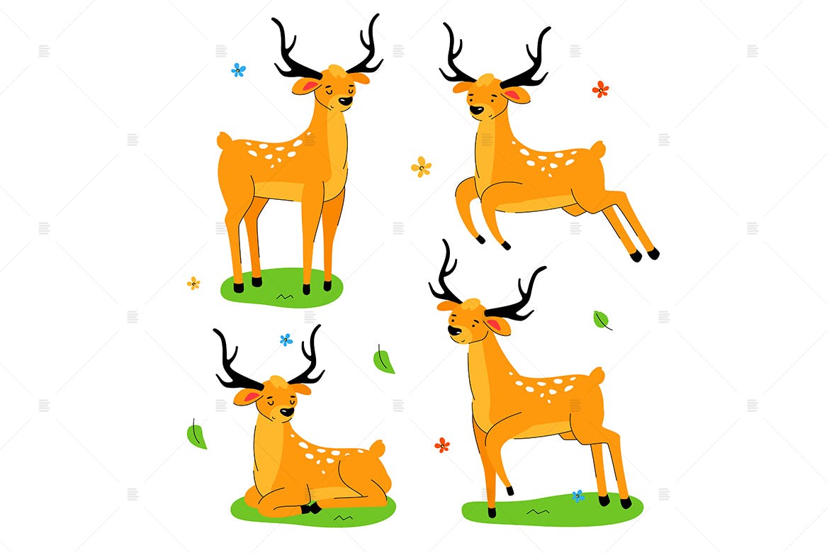 可爱的鹿-扁平设计风格卡通形象矢量素材 Cute deer – flat design style set of characters插图