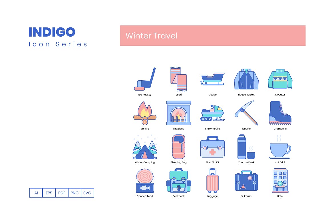 95枚靛蓝配色冬季旅行主题矢量蚂蚁素材精选图标合集 95 Winter Travel Icons | Indigo Series插图(2)