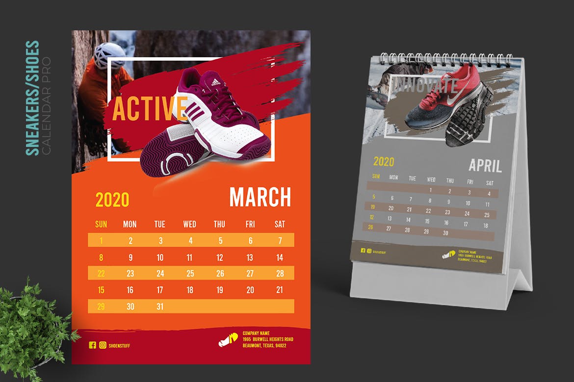 2020年运动品牌定制竖版活页台历设计模板 2020 Colorful Sneakers Sport Shoes Calendar Pro插图(2)
