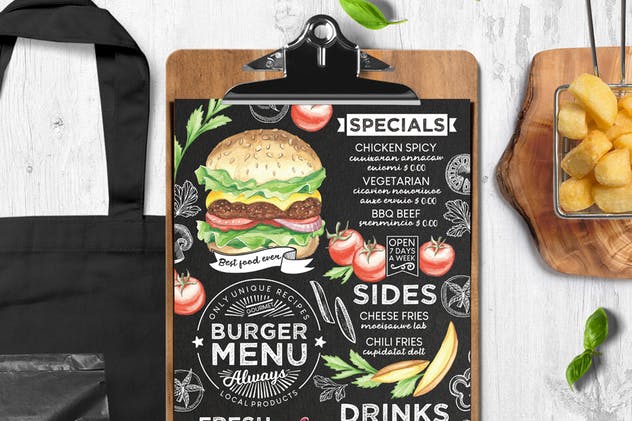 汉堡店黑板画设计风格食品菜单模板 Burger Food Menu插图(1)
