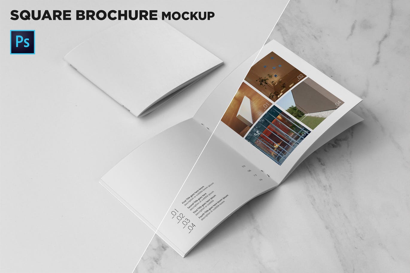 方形画册产品手册封面&内页设计效果图样机蚂蚁素材精选 Square Brochure Cover & Open Pages Mockup插图