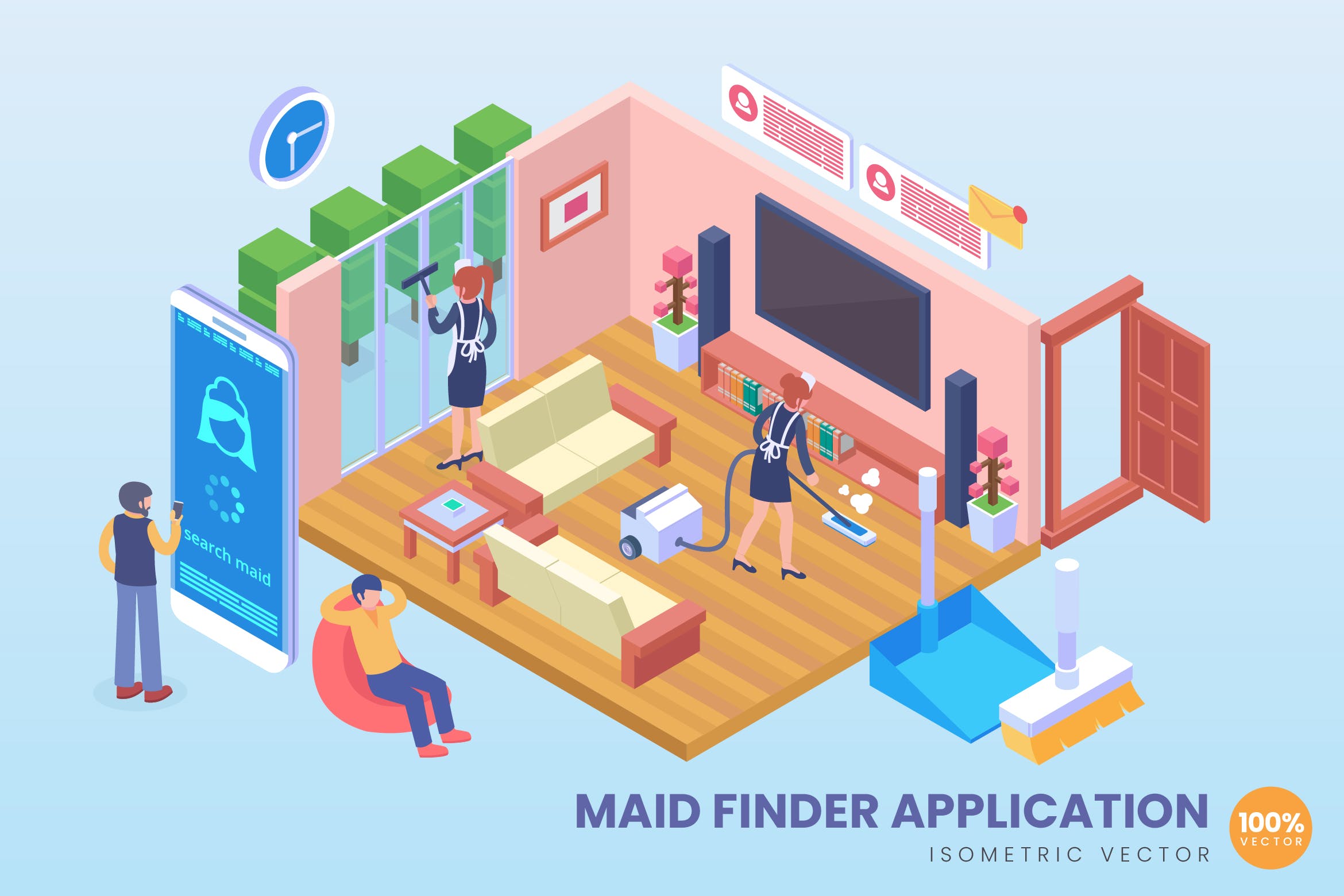 女佣家政服务APP等距矢量第一素材精选科技概念插画 Isometric Maid Finder Application Vector Concept插图