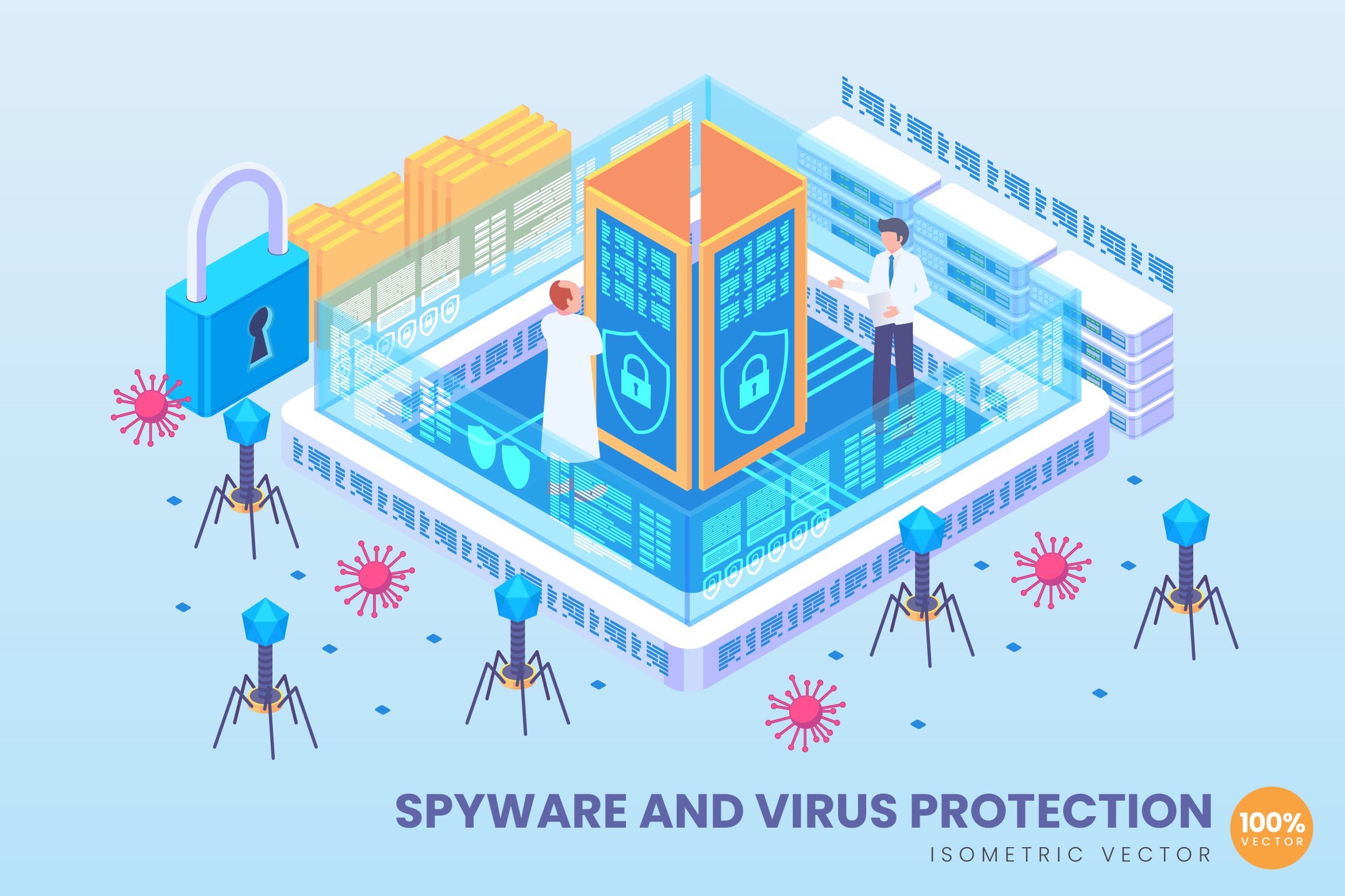 间谍软件与病毒保护主题等距矢量科技蚂蚁素材精选概念插画v2 Isometric Spyware And Virus Protection Vector插图