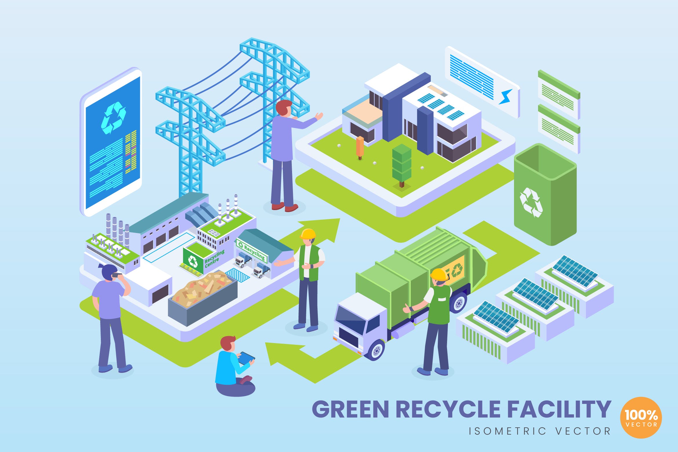 绿色循环环保工厂场景等距矢量科技蚂蚁素材精选概念插画v2 Isometric Green Recycle Facility Vector Concept插图