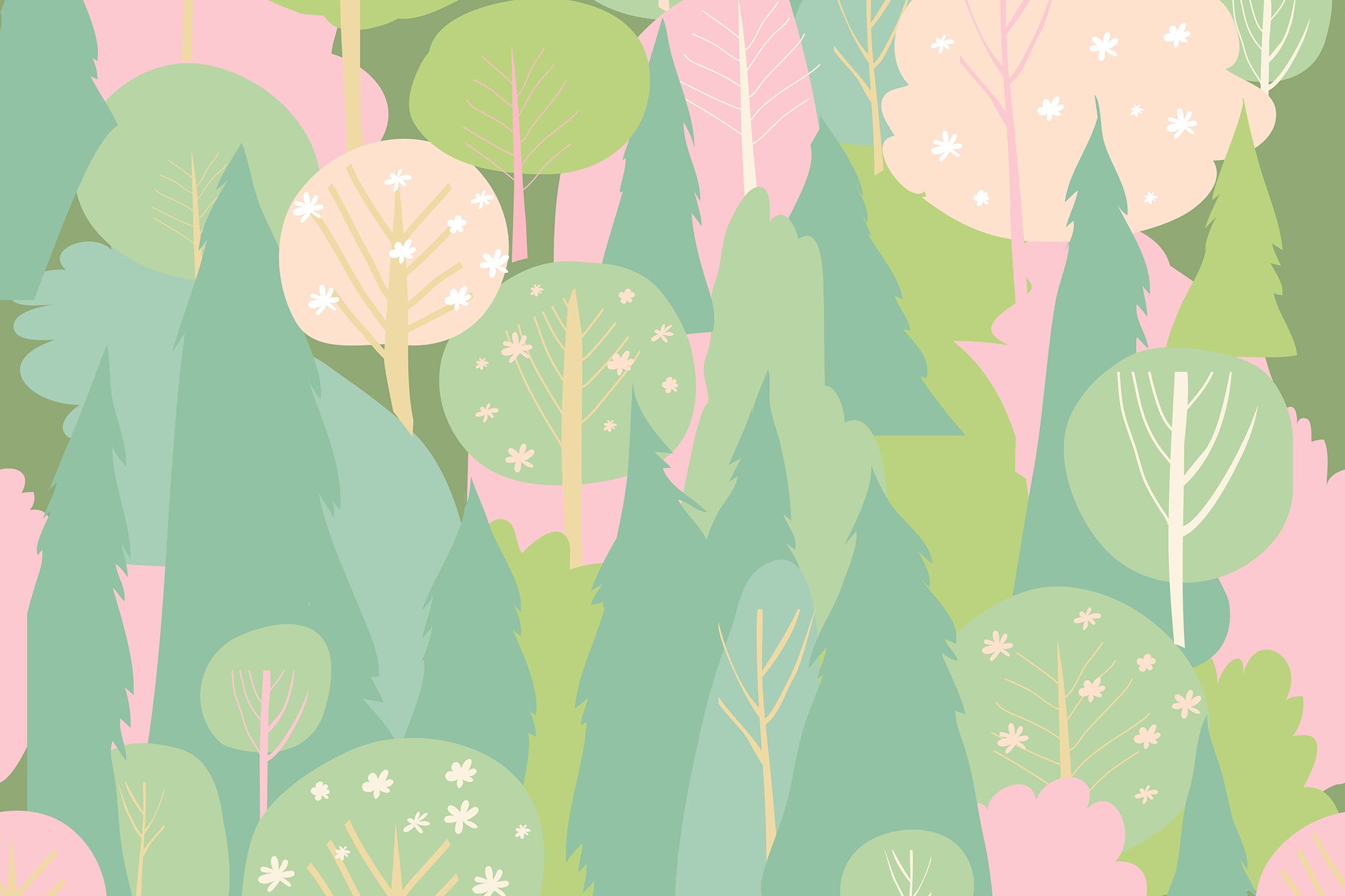 鲜花盛开的森林无缝水彩图案背景大洋岛精选 Seamless vector blossom forest pattern. Spring bac插图