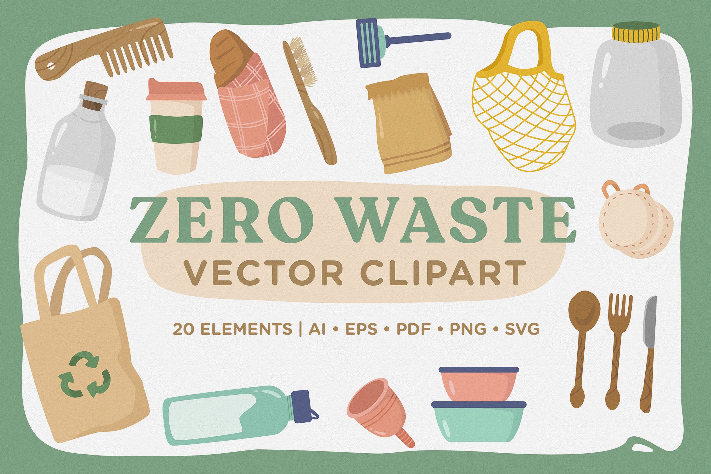 环保餐具环保主义主题矢量剪贴画素材 Zero Waste Vector CLipart Pack插图