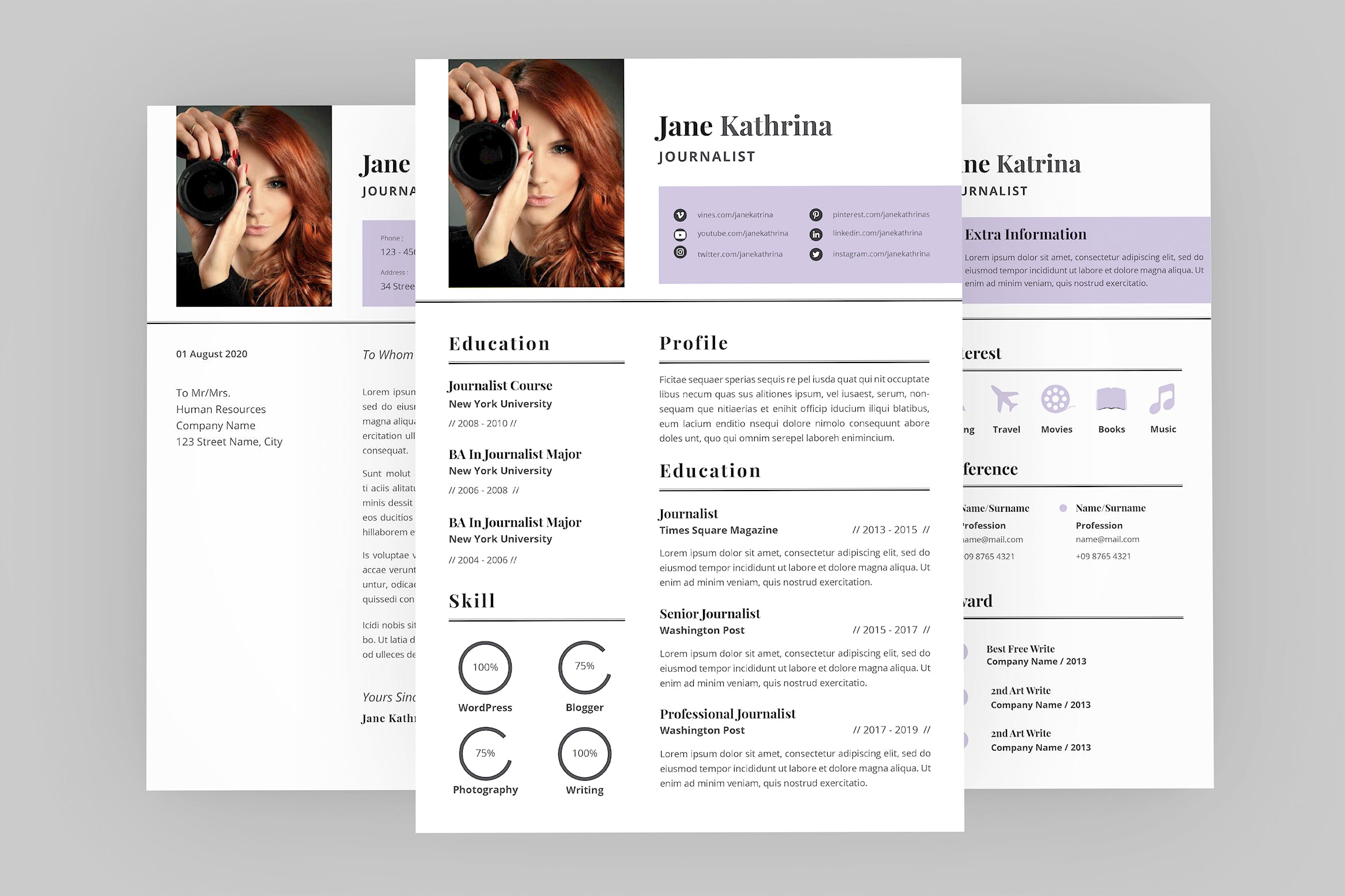 旅行记者个人电子第一素材精选简历模板 Jane Journalist Resume Designer插图