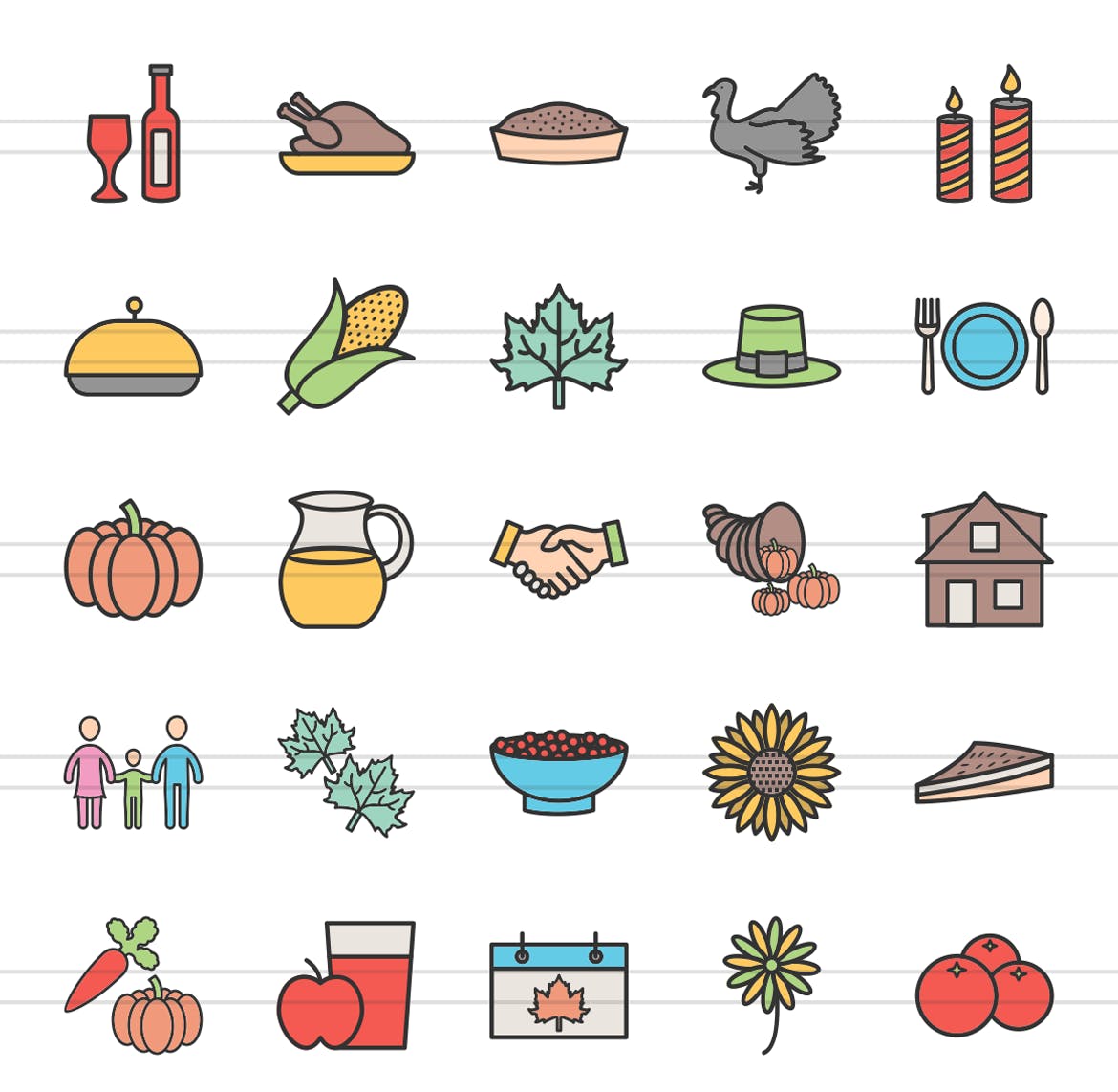 50枚感恩节颜色填充线性第一素材精选图标素材 50 Thanksgiving Filled Line Icons插图(1)