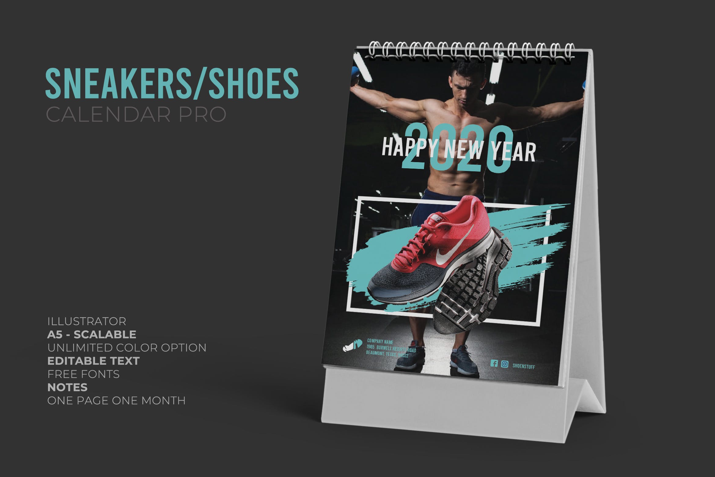 2020年运动品牌定制竖版活页台历设计模板 2020 Colorful Sneakers Sport Shoes Calendar Pro插图