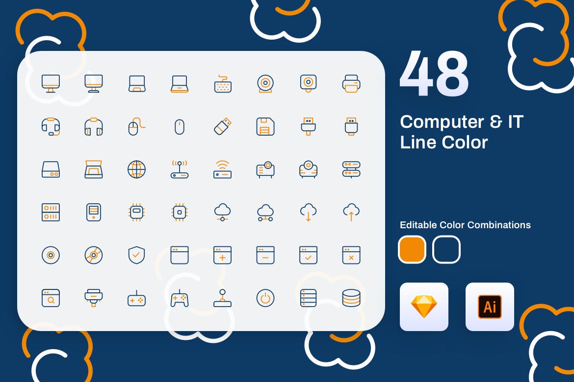 48枚电脑IT行业彩色矢量线性第一素材精选图标 Computer & IT Line Color插图(1)