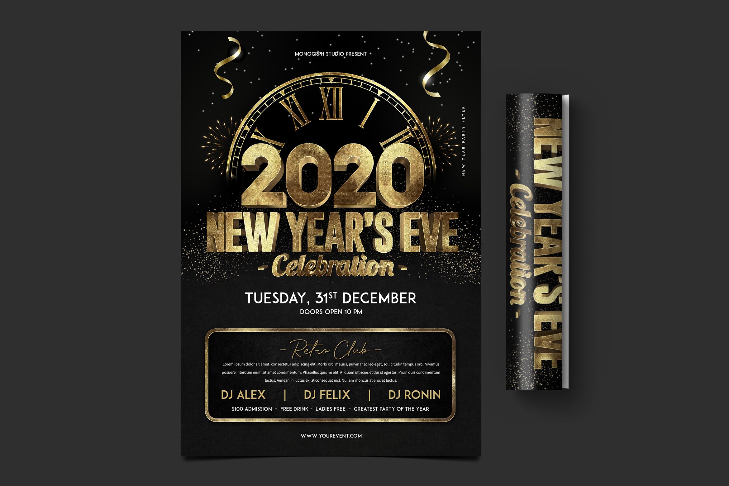 黄金立体字特效新年前夜倒计时活动海报传单蚂蚁素材精选PSD模板 New Year Party Flyer插图