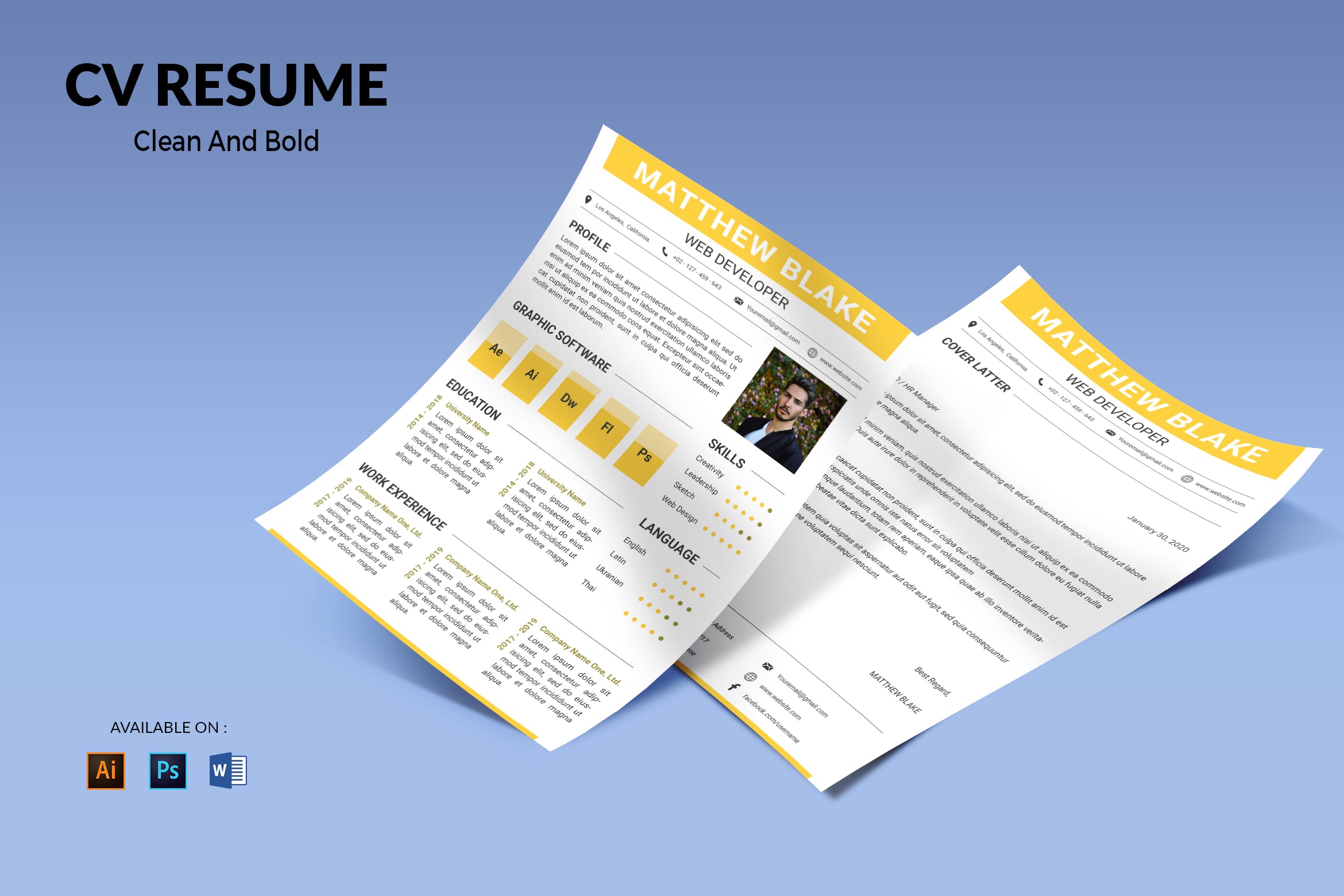 网站开发者简约履历表排版设计模板 CV Resume Simple And Professional插图