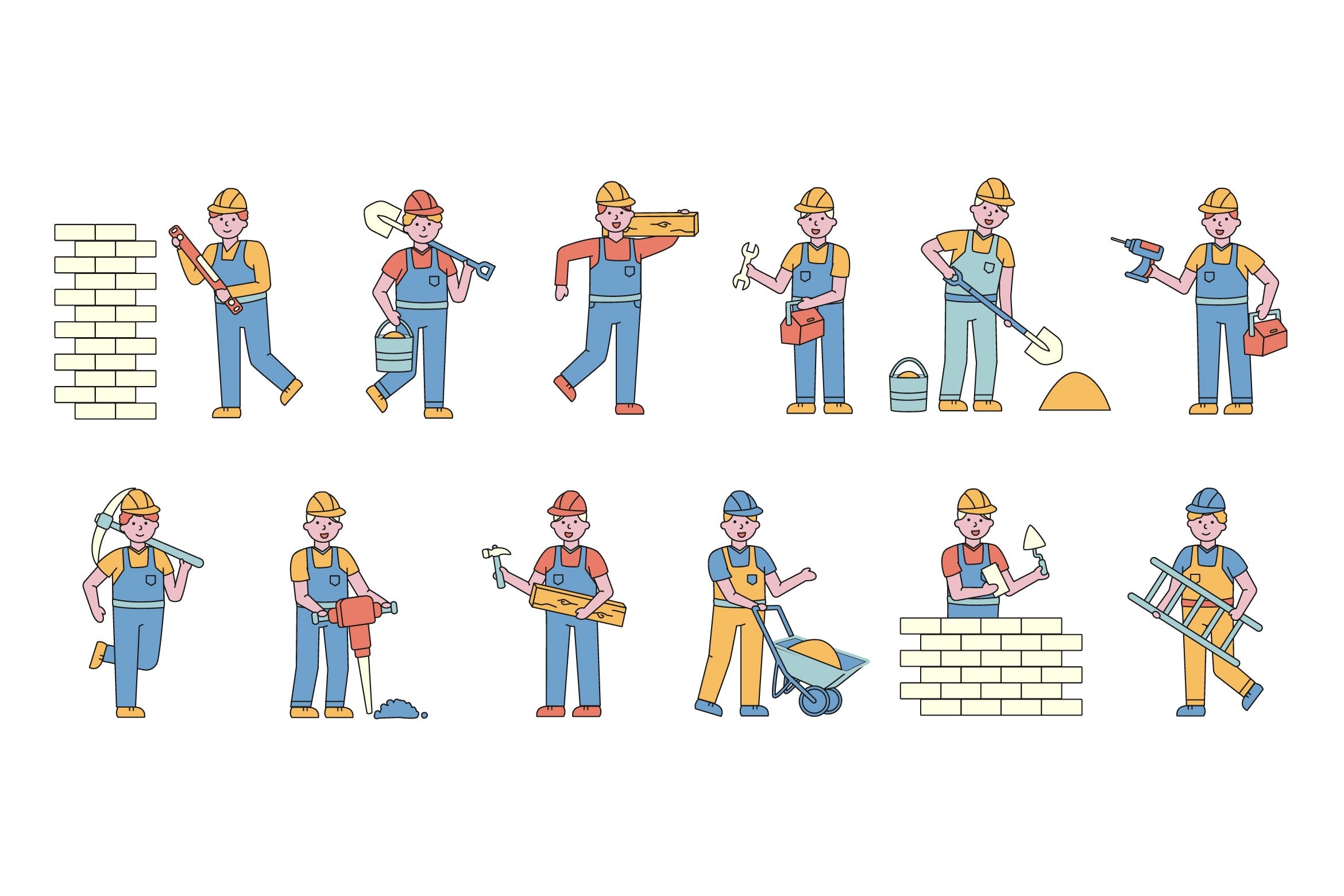 建筑工人人物形象线条艺术矢量插画第一素材精选素材 Builders Lineart People Character Collection插图