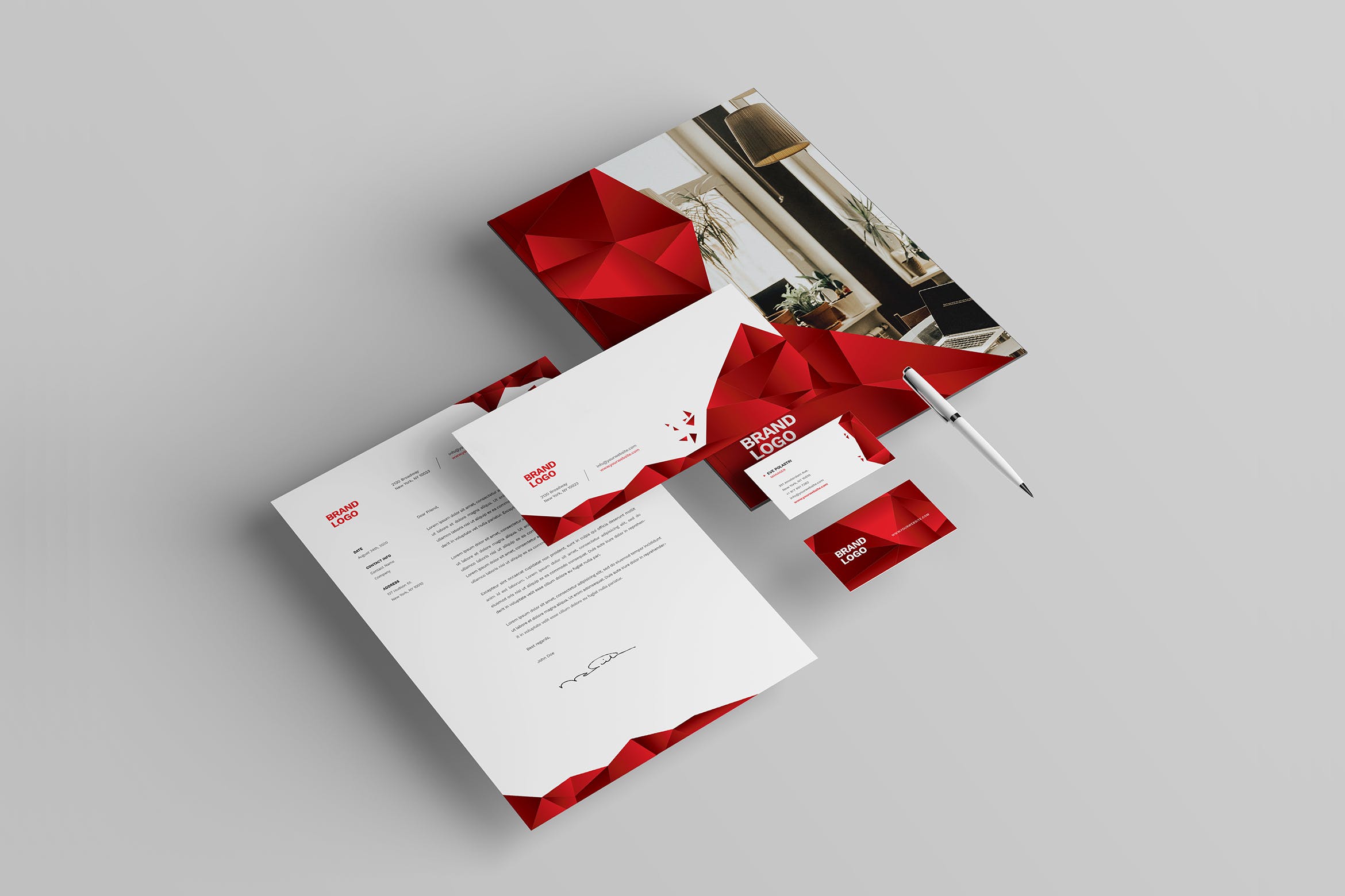 红色室内设计文具[信封/信纸/名片/文件夹]设计模板 Red Interior Design Stationery插图