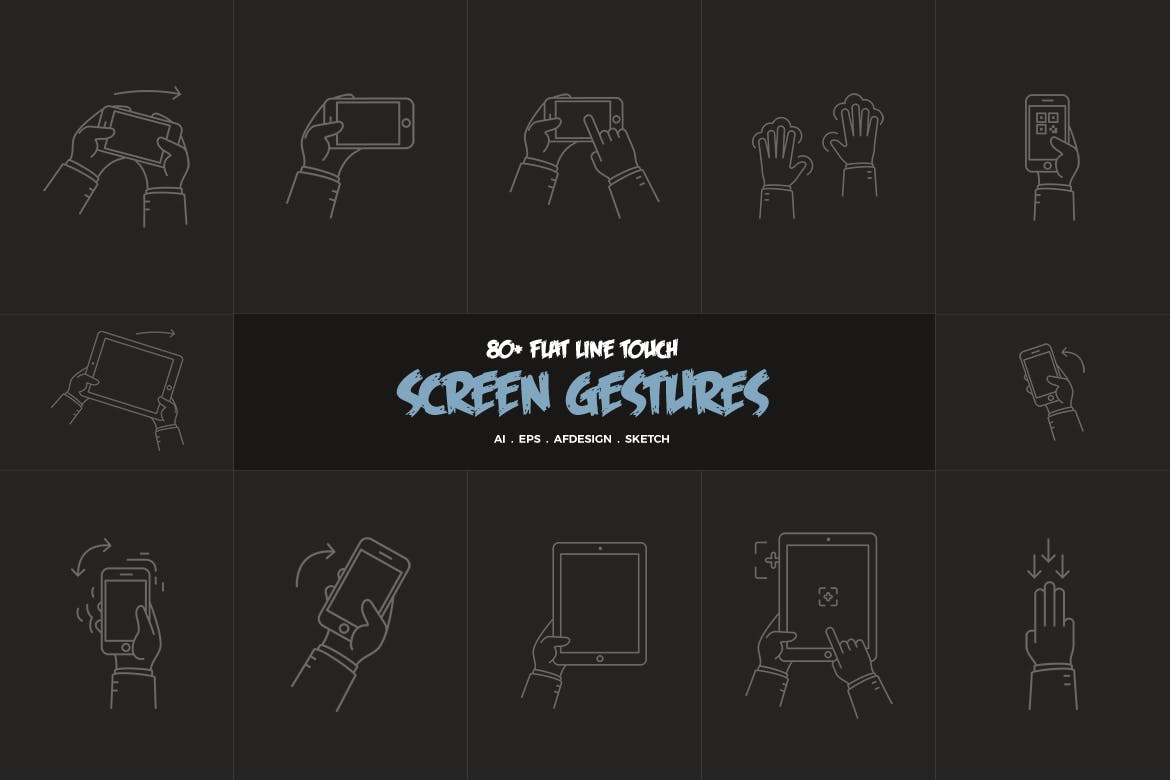 扁平线条设计风格触摸屏手势指示图 Flat Line Touch Screen Gestures插图(1)