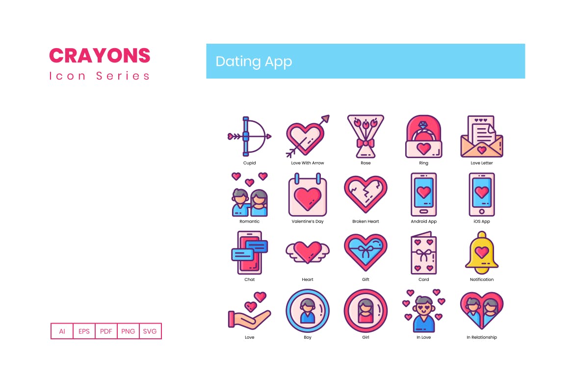 60枚约会主题APP矢量第一素材精选图标-蜡笔系列 60 Dating App Icons – Crayon Series插图(3)