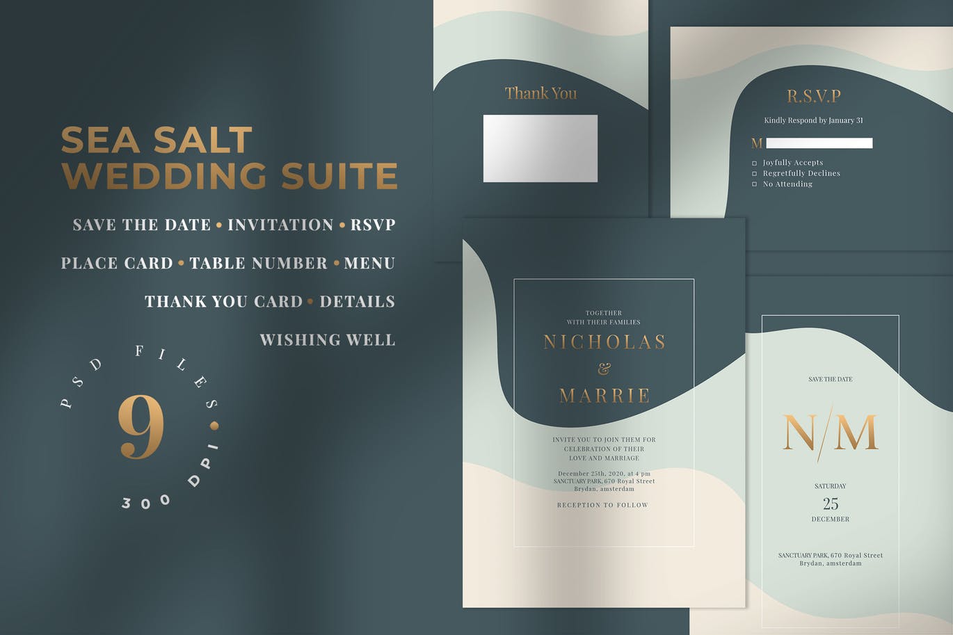 三色背景婚礼邀请设计素材包 SEA SALT – Wedding Invitation Suite插图
