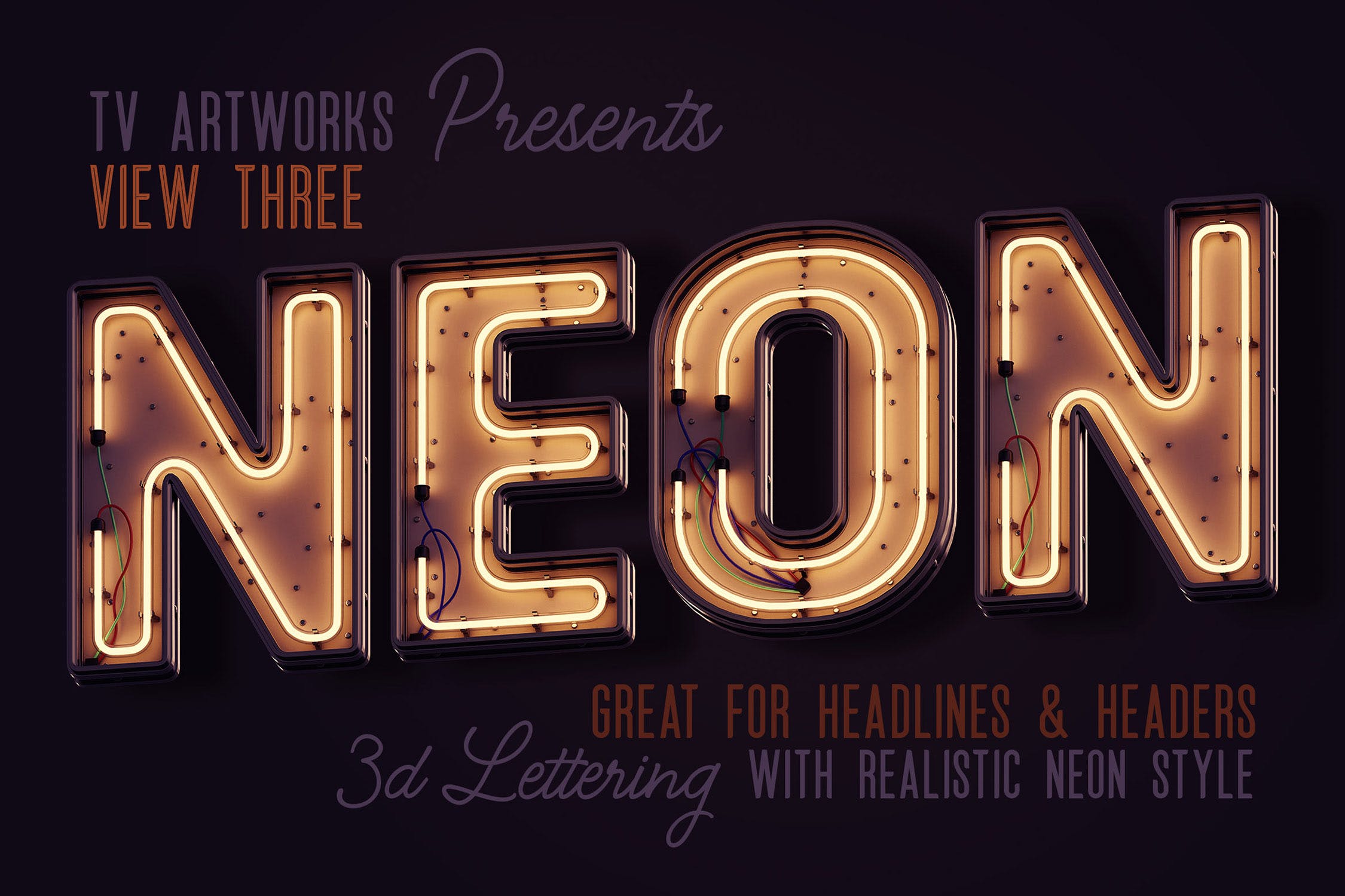 现代霓虹灯3D字体高清PNG图片素材 Modern Neon 3D Lettering View 3插图