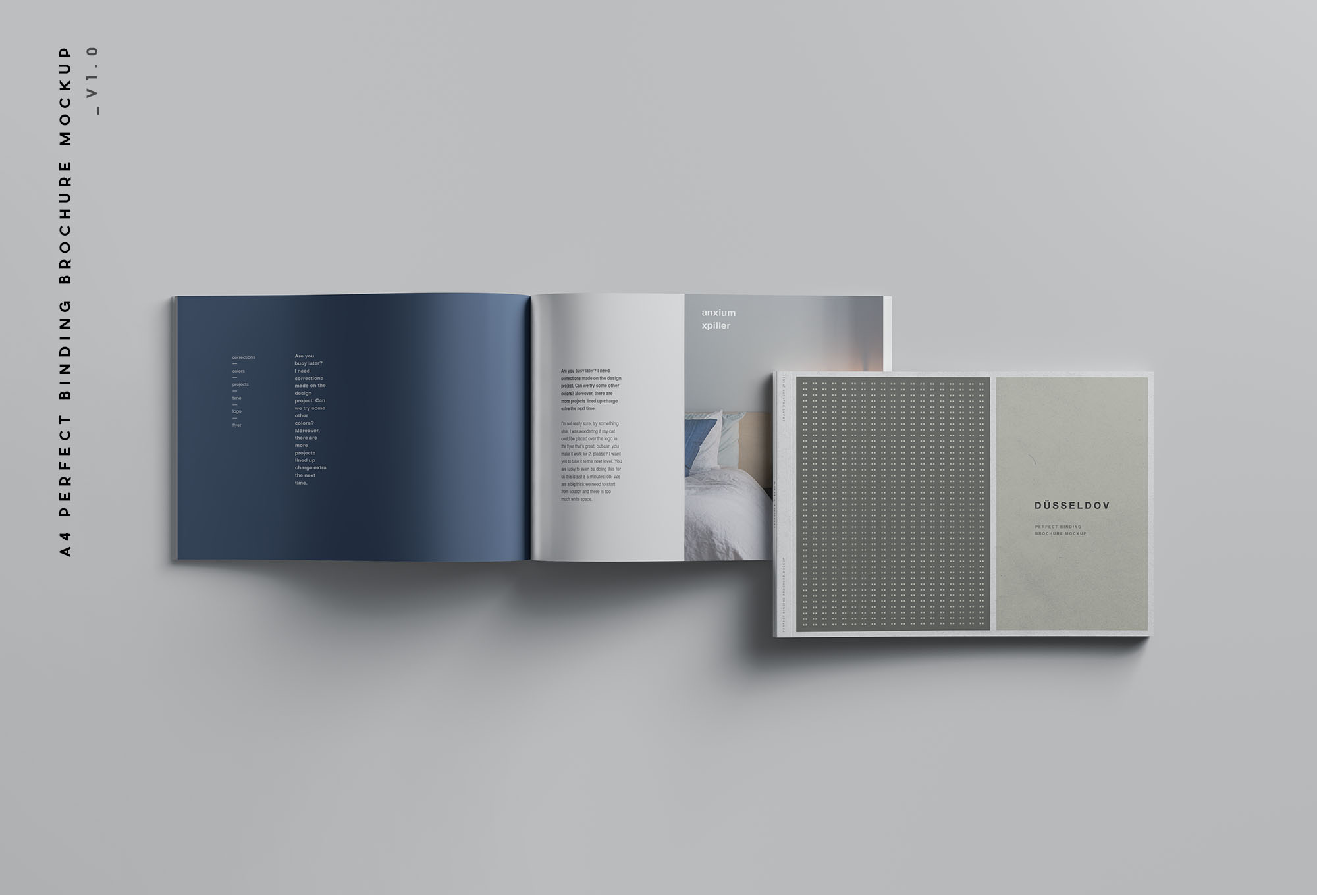 A4规格企业画册/产品手册封面&内页排版设计展示样机大洋岛精选 A4 Landscape Perfect Binding Brochure Mockup插图