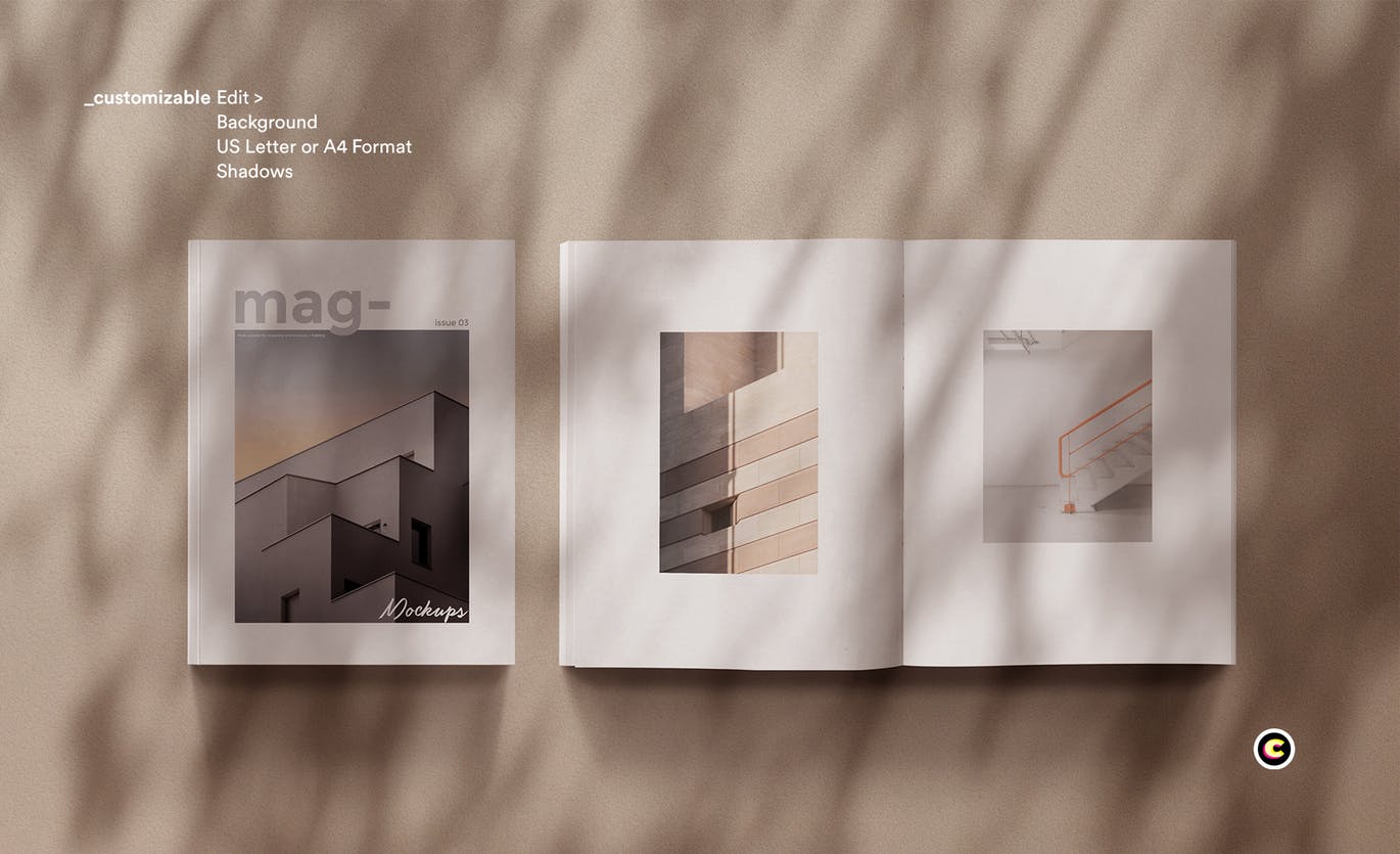 植物阴影墙背景杂志排版设计预览样机第一素材精选模板 Shadow Magazine Mockups插图(2)