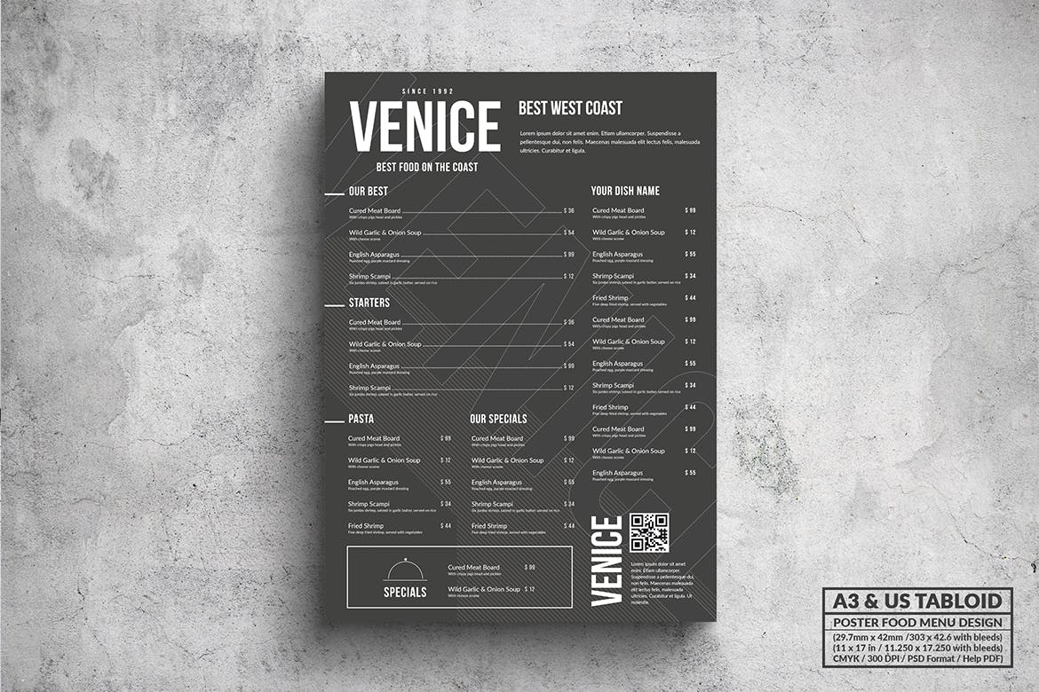 极简设计风格西餐菜单海报PSD素材第一素材精选模板 Venice Minimal Food Menu – A3 & US Tabloid Poster插图(1)