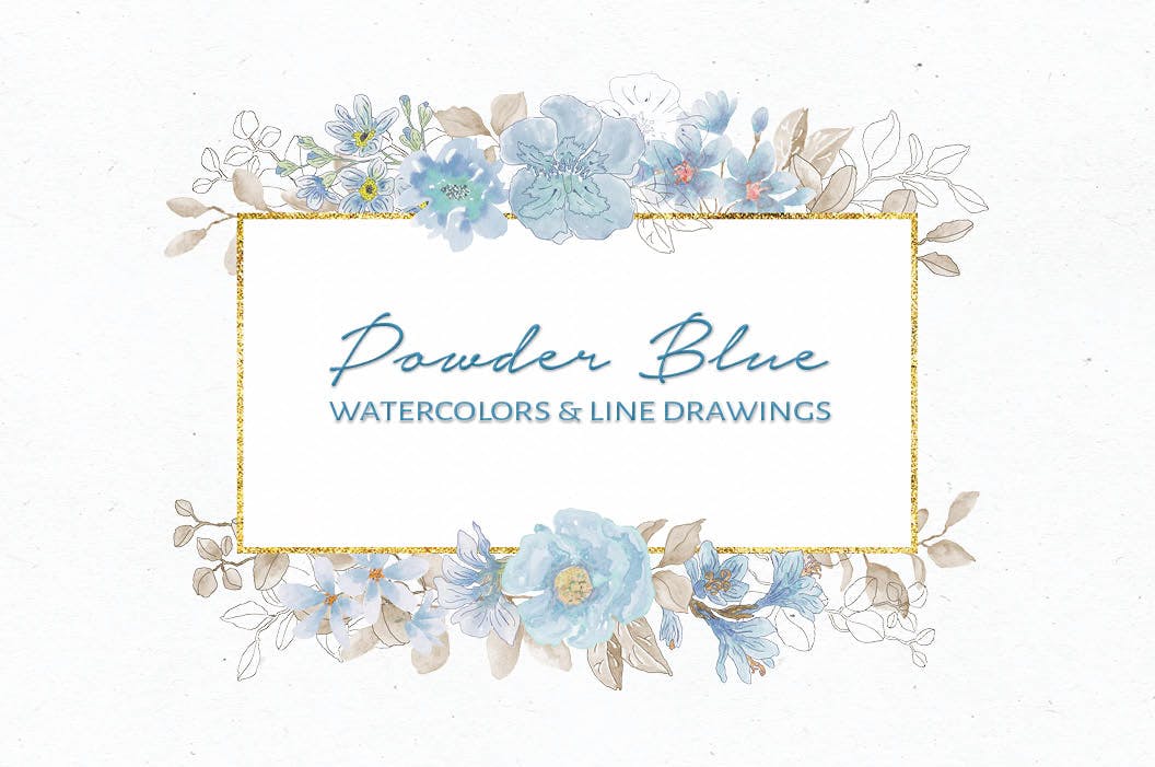 粉蓝色水彩手绘花卉剪贴画PNG第一素材精选设计素材 Powder Blue Watercolor Design Collection插图(8)
