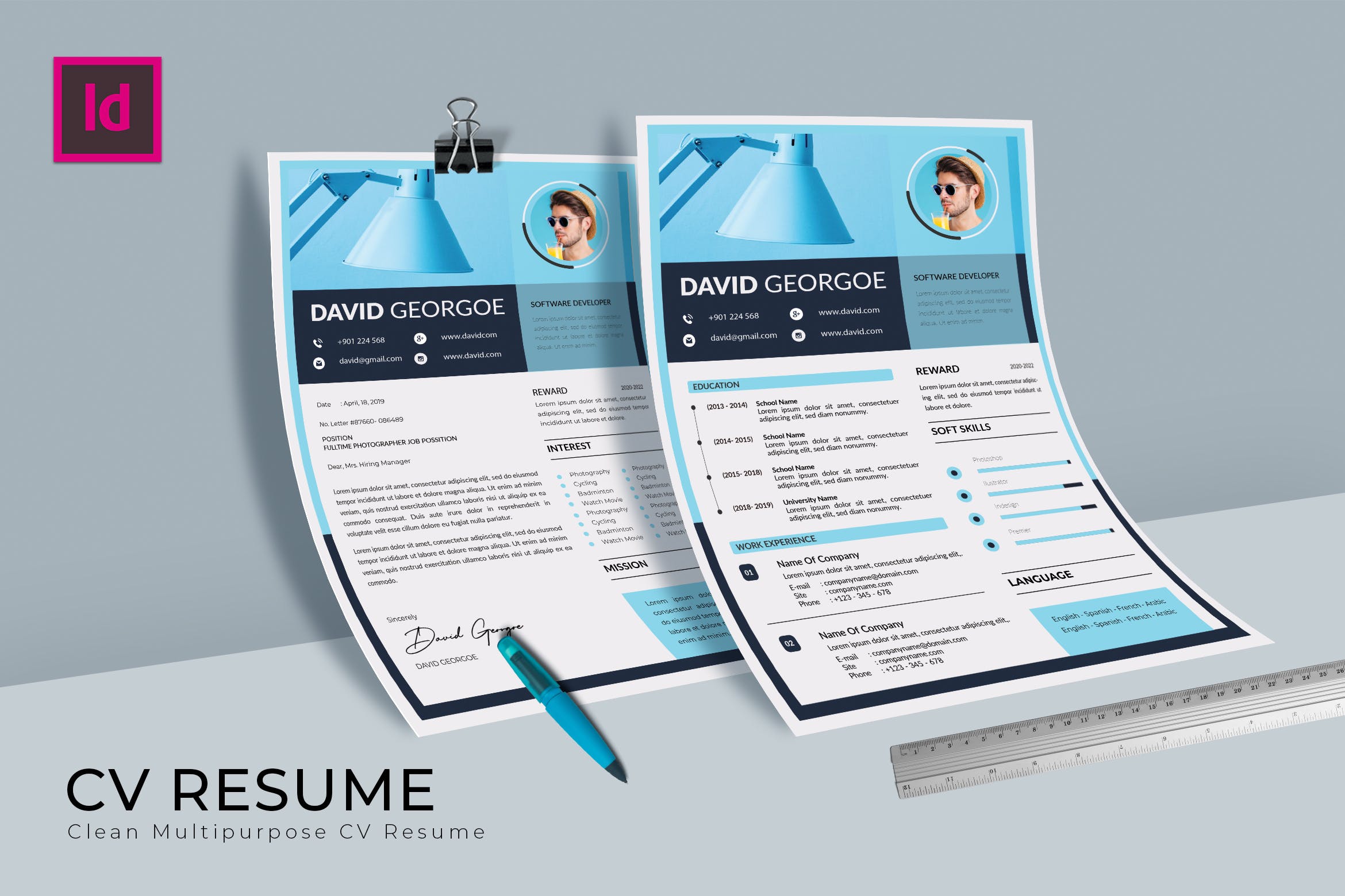 软件开发工程师介绍信&第一素材精选简历模板 Softy Blue CV Resume Template插图