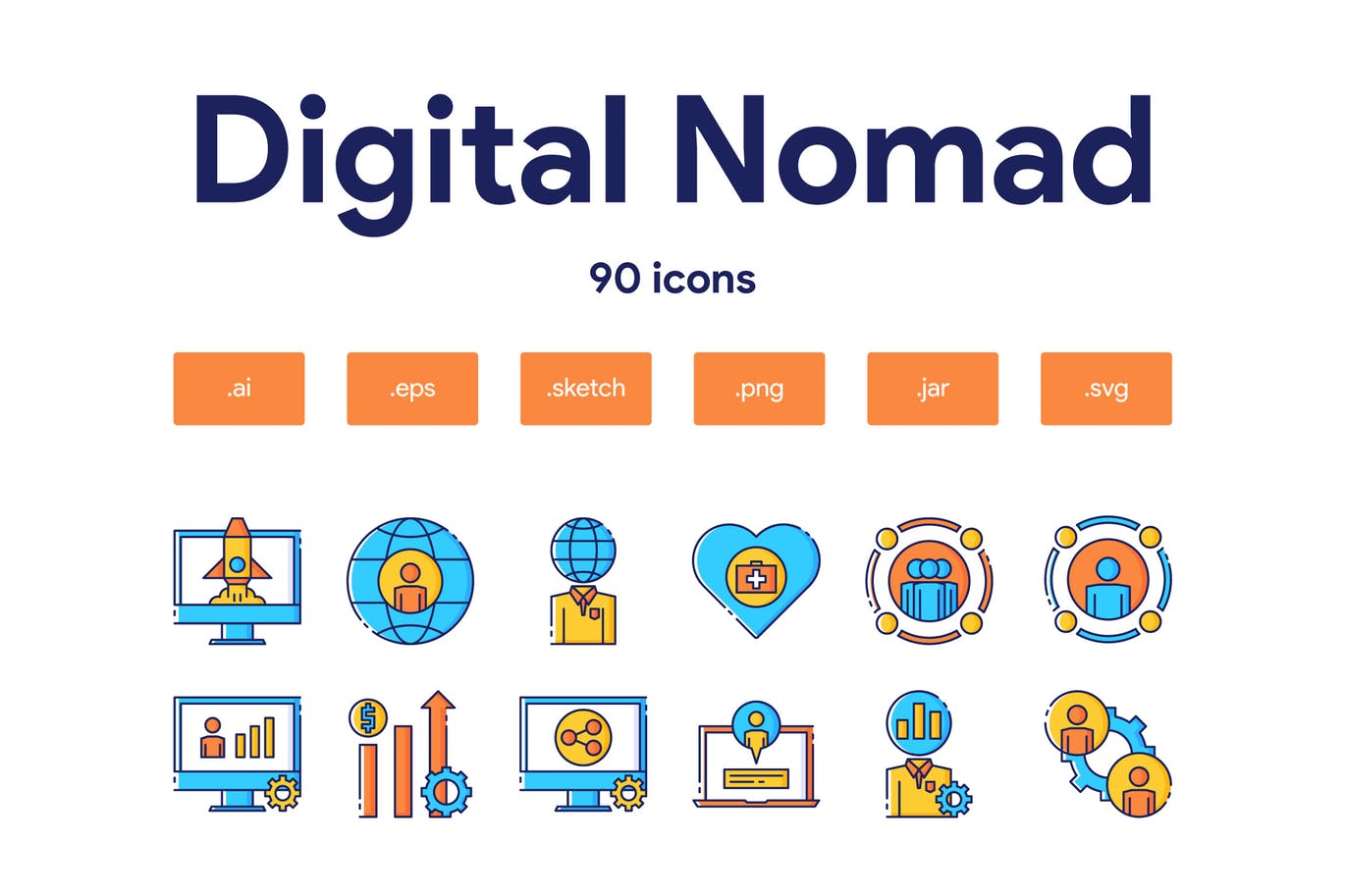 90枚数字游民主题填色线性大洋岛精选图标 Digital Nomad Icon Set插图