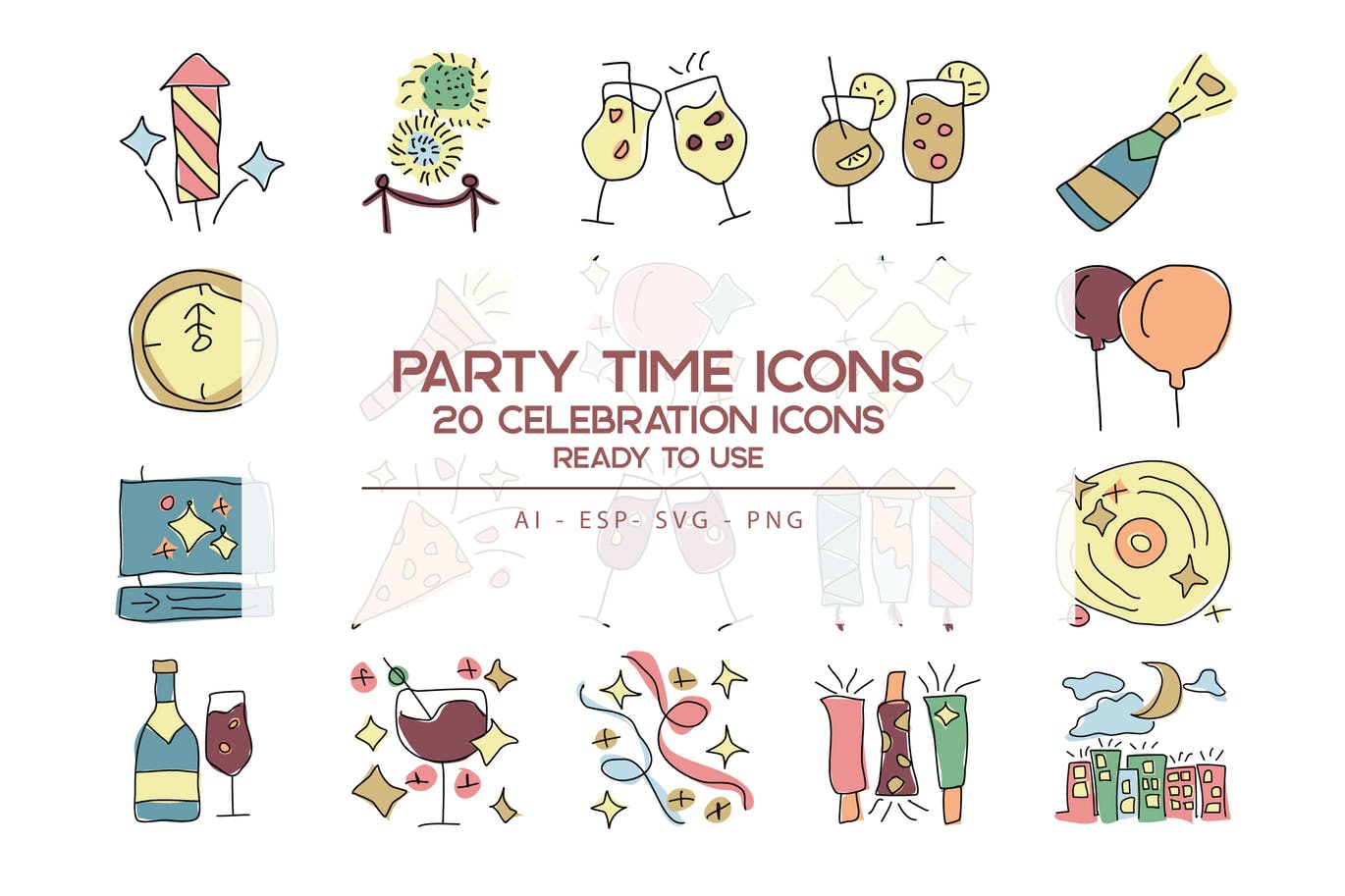 20枚活动时刻主题手绘设计风格矢量第一素材精选图标 Party Time Icons Set插图