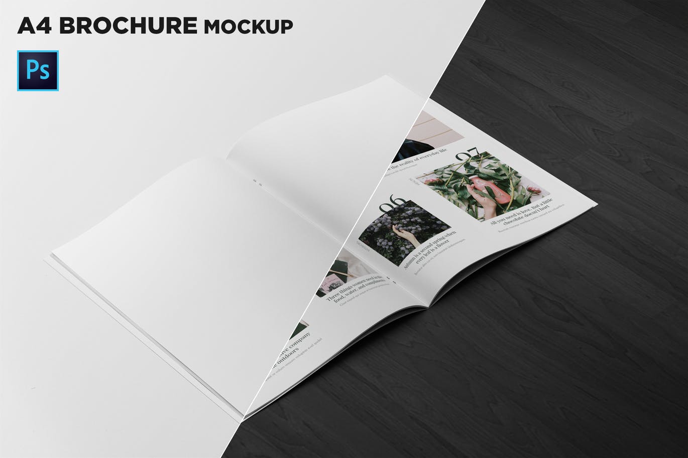 A4宣传小册子/企业画册内页版式设计45度角视图样机大洋岛精选 A4 Brochure Mockup 2 Pages Spread插图