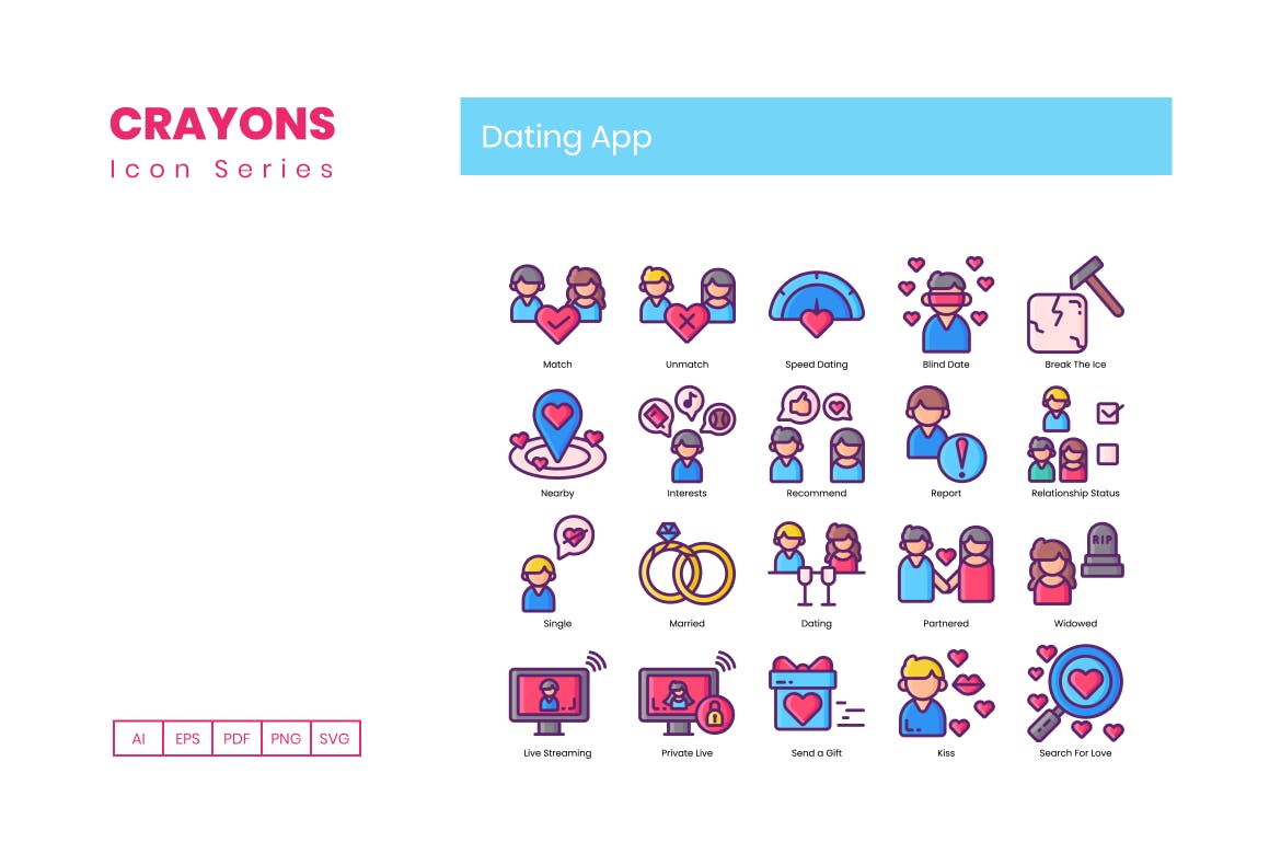 60枚约会主题APP矢量蚂蚁素材精选图标-蜡笔系列 60 Dating App Icons – Crayon Series插图(2)